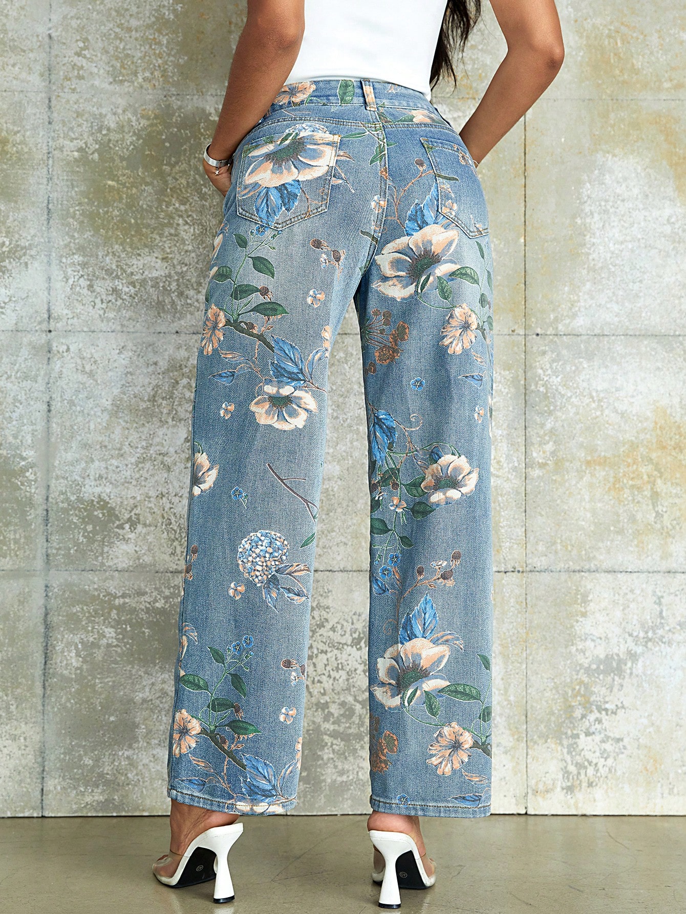 90s Vintage Floral Print High Waist Wide Leg Jeans