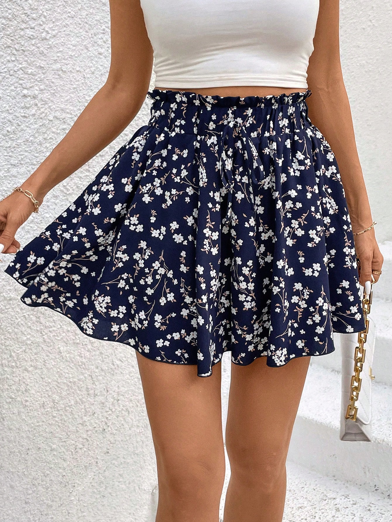 Women's Floral Print High Waisted Paper Bag Shorts