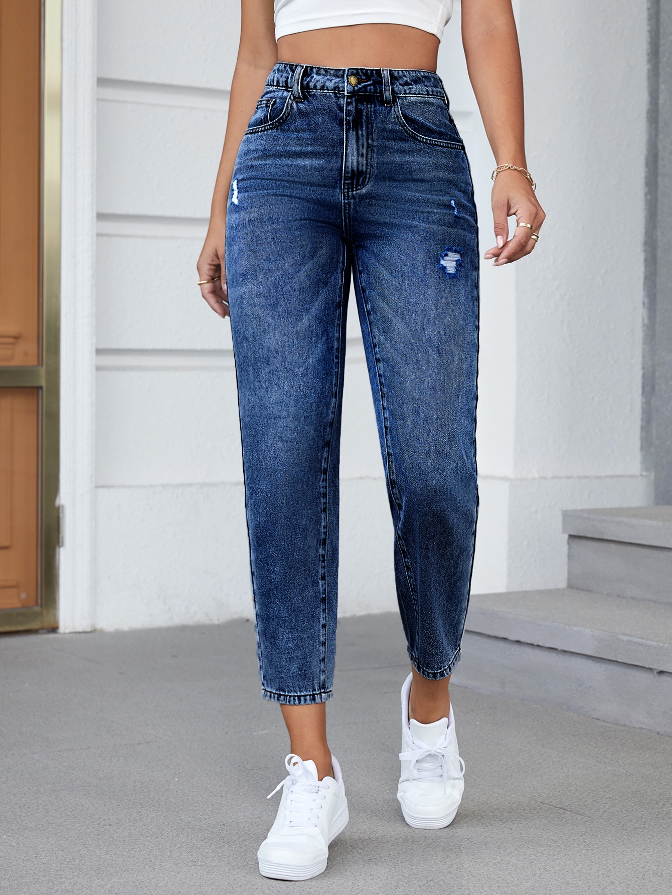 High Waist Ripped Tapered Jeans