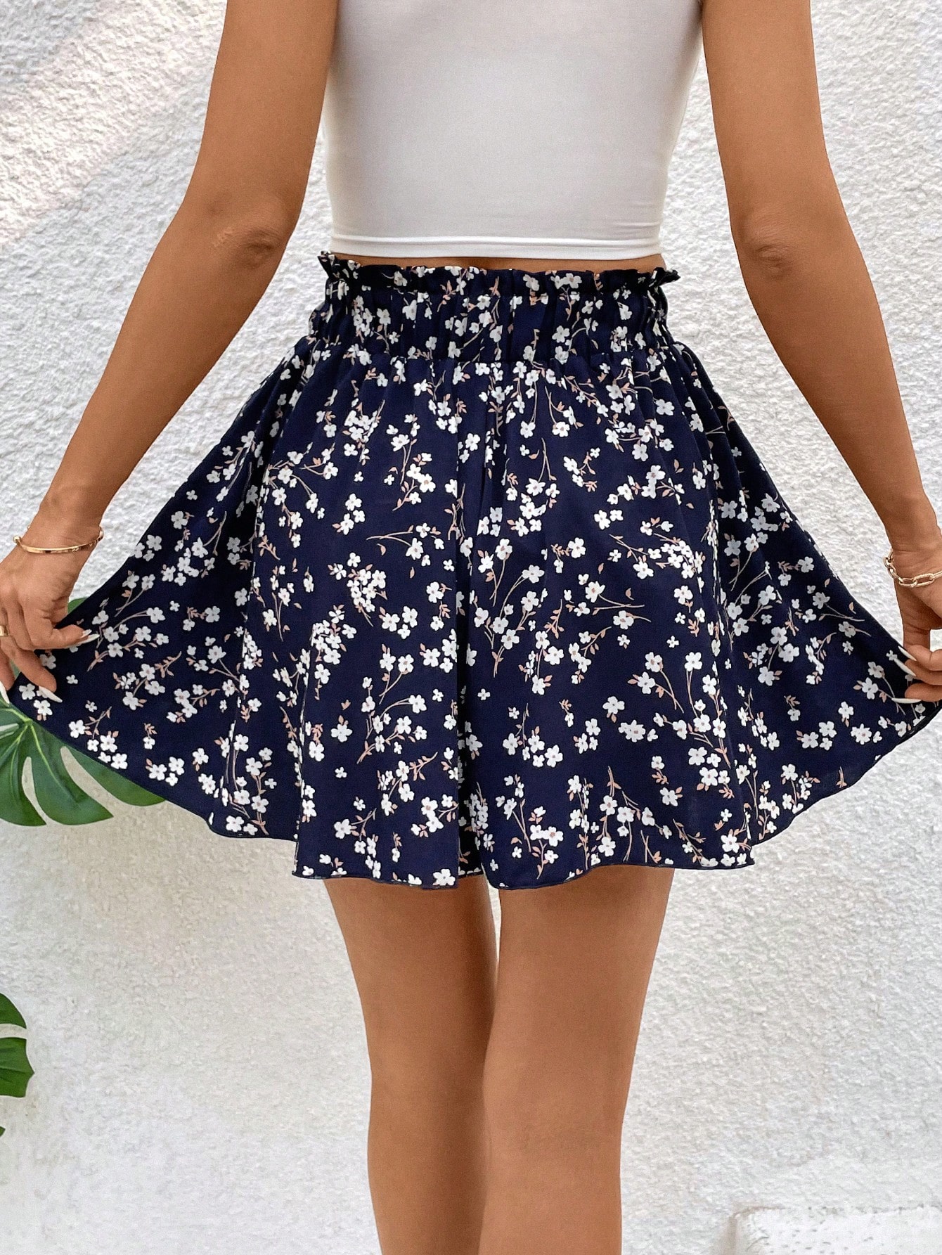 Women's Floral Print High Waisted Paper Bag Shorts