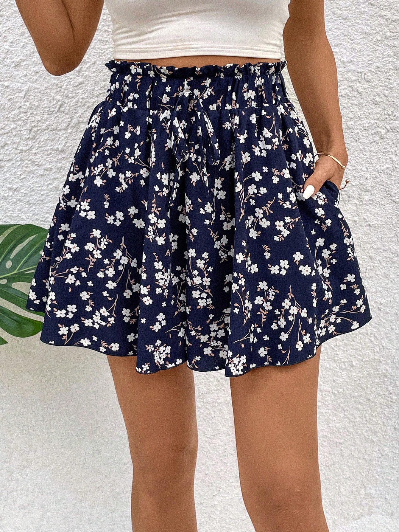 Women's Floral Print High Waisted Paper Bag Shorts