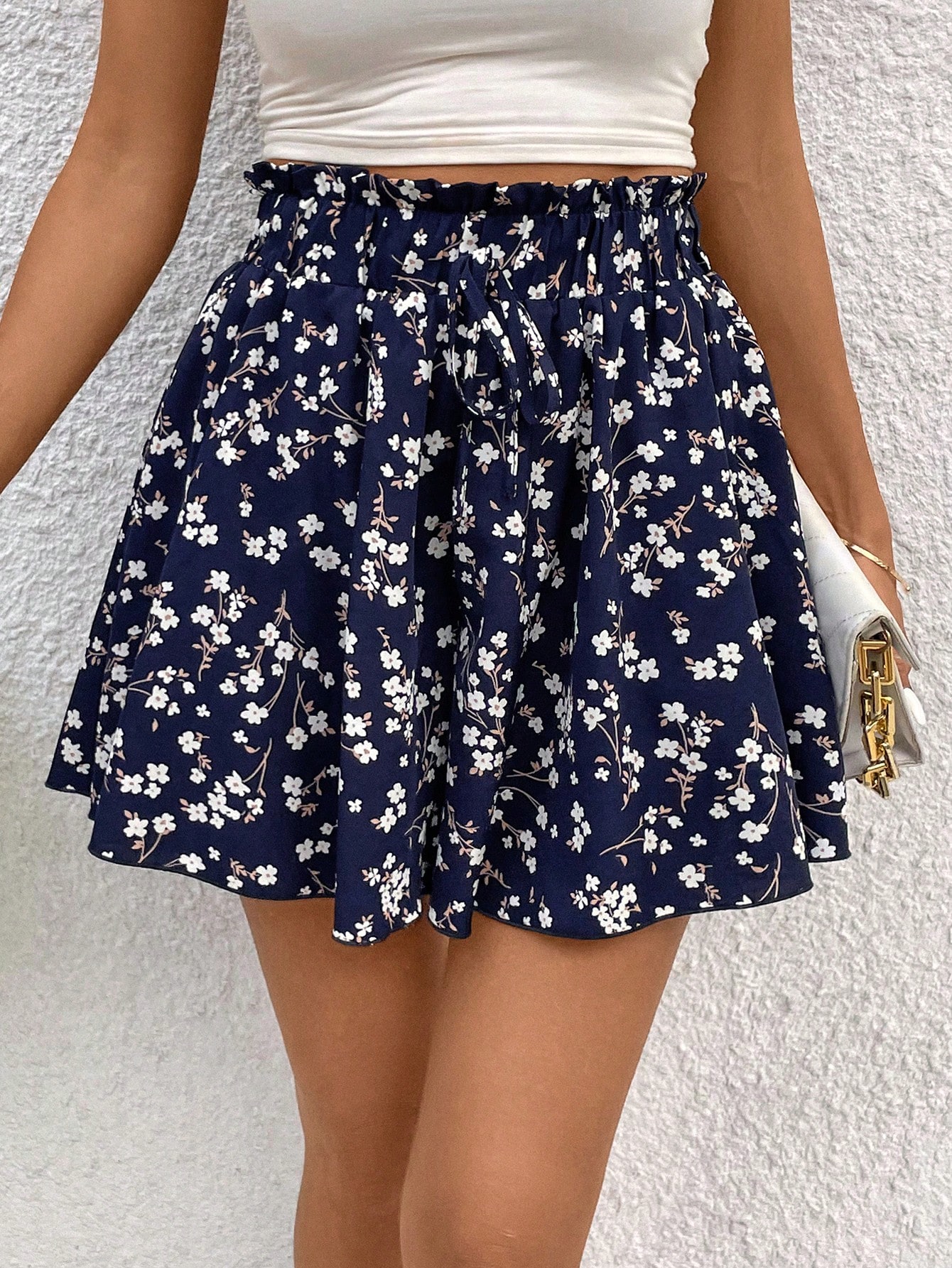 Women's Floral Print High Waisted Paper Bag Shorts