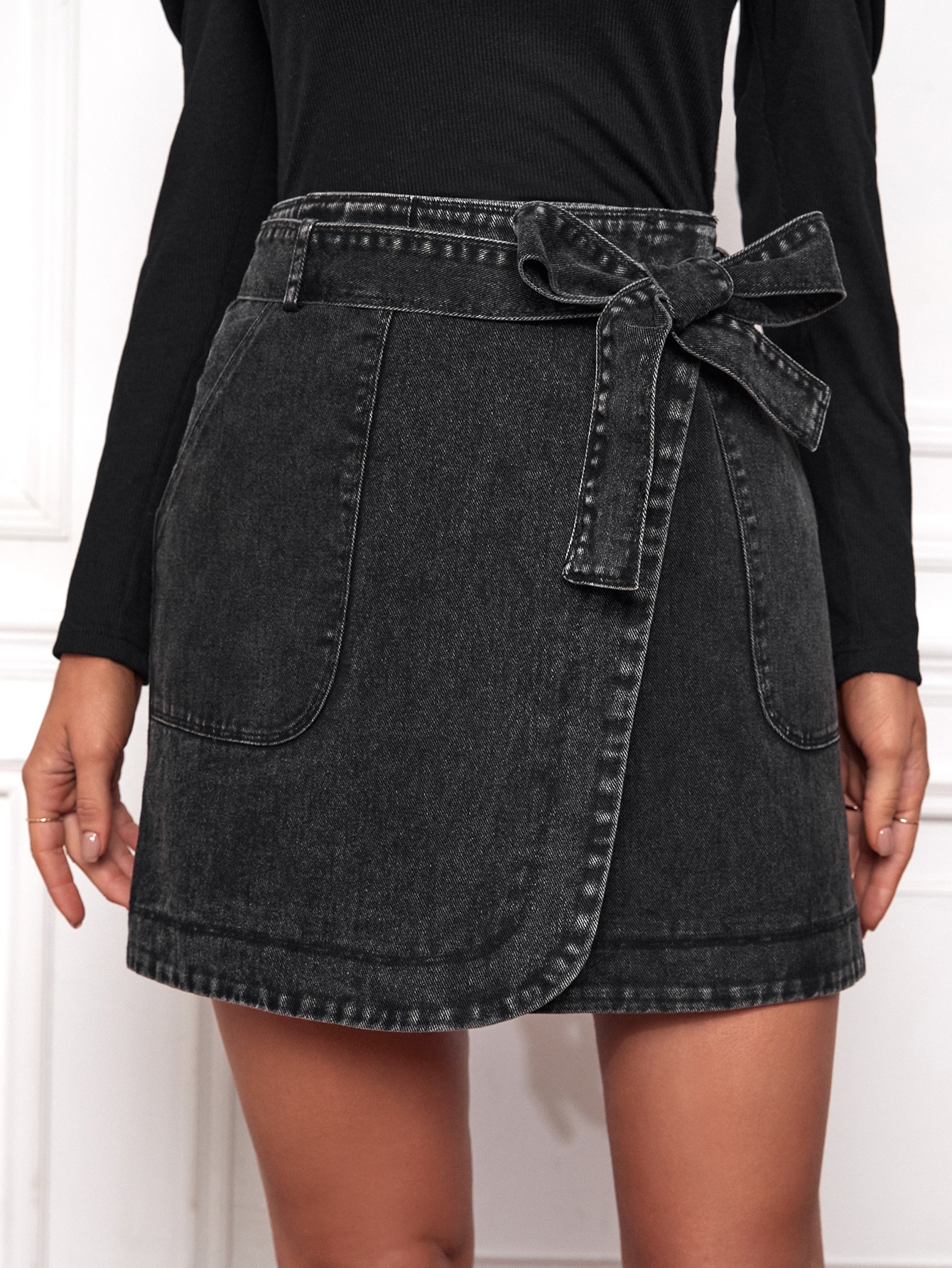 Pocket Side Wrap Belted Skirt