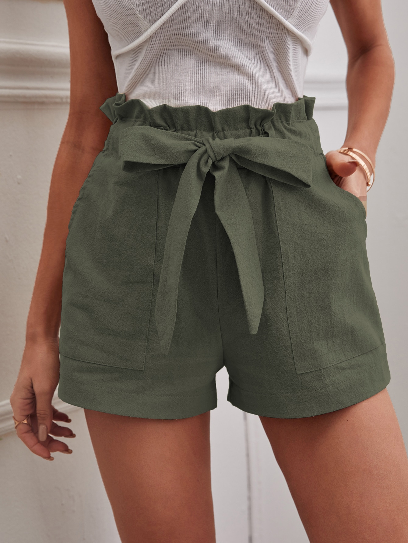 Solid Paper Bag Waist Belted Shorts