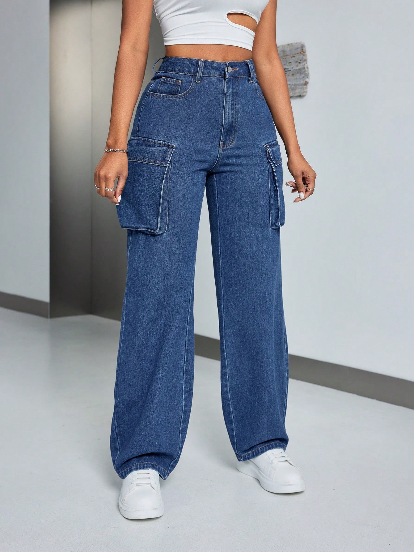 Cargo Denim Straight Leg Pants