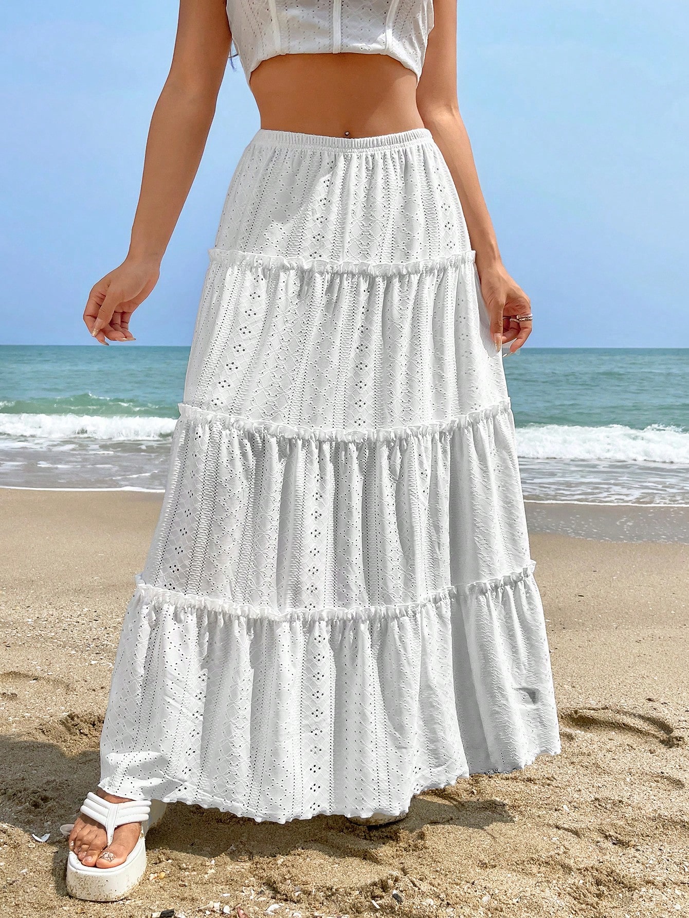 WYWH Eyelet Embroidery Ruffle Hem Skirt