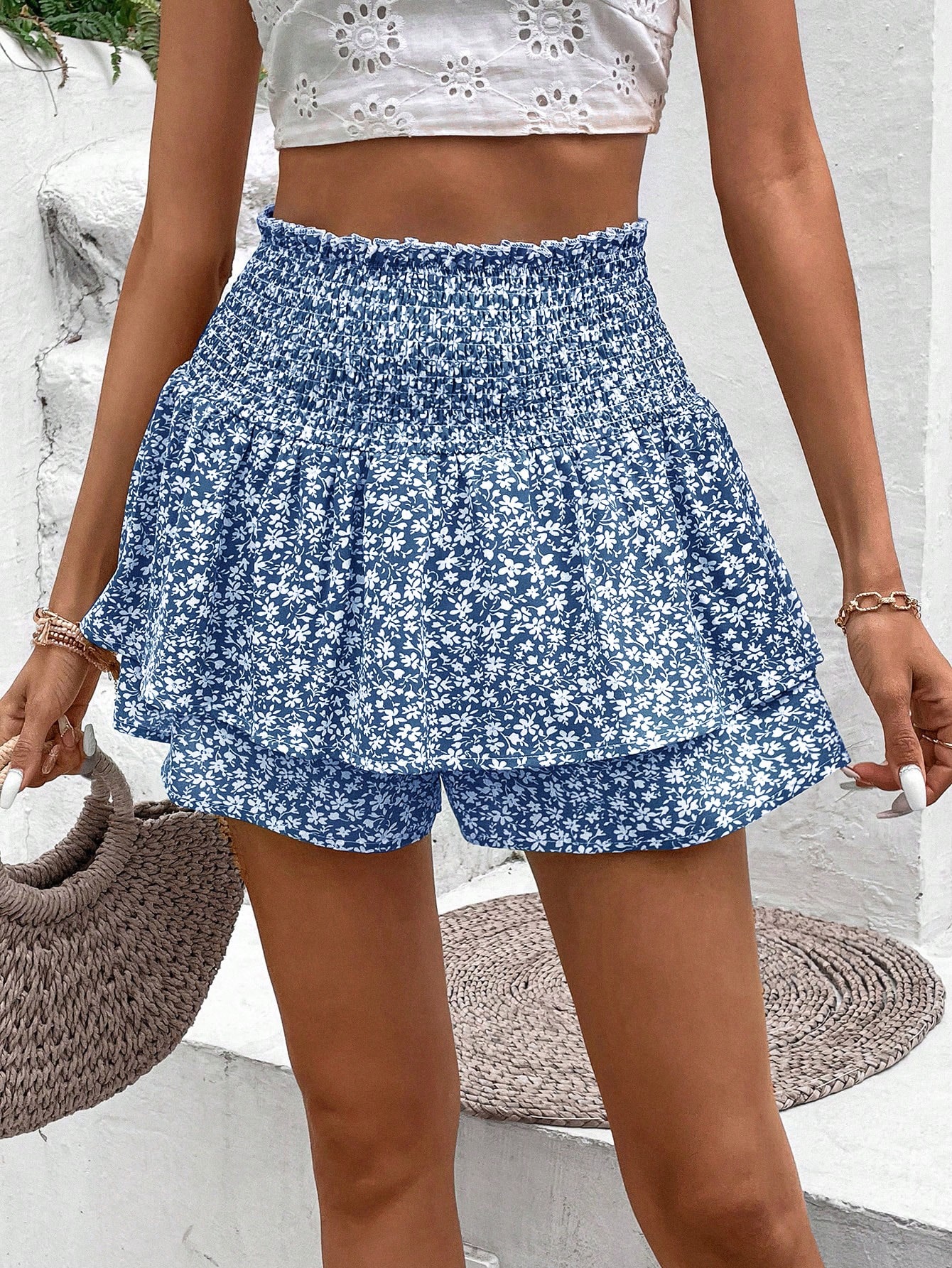 Ditsy Floral Print Paperbag Waist Skort