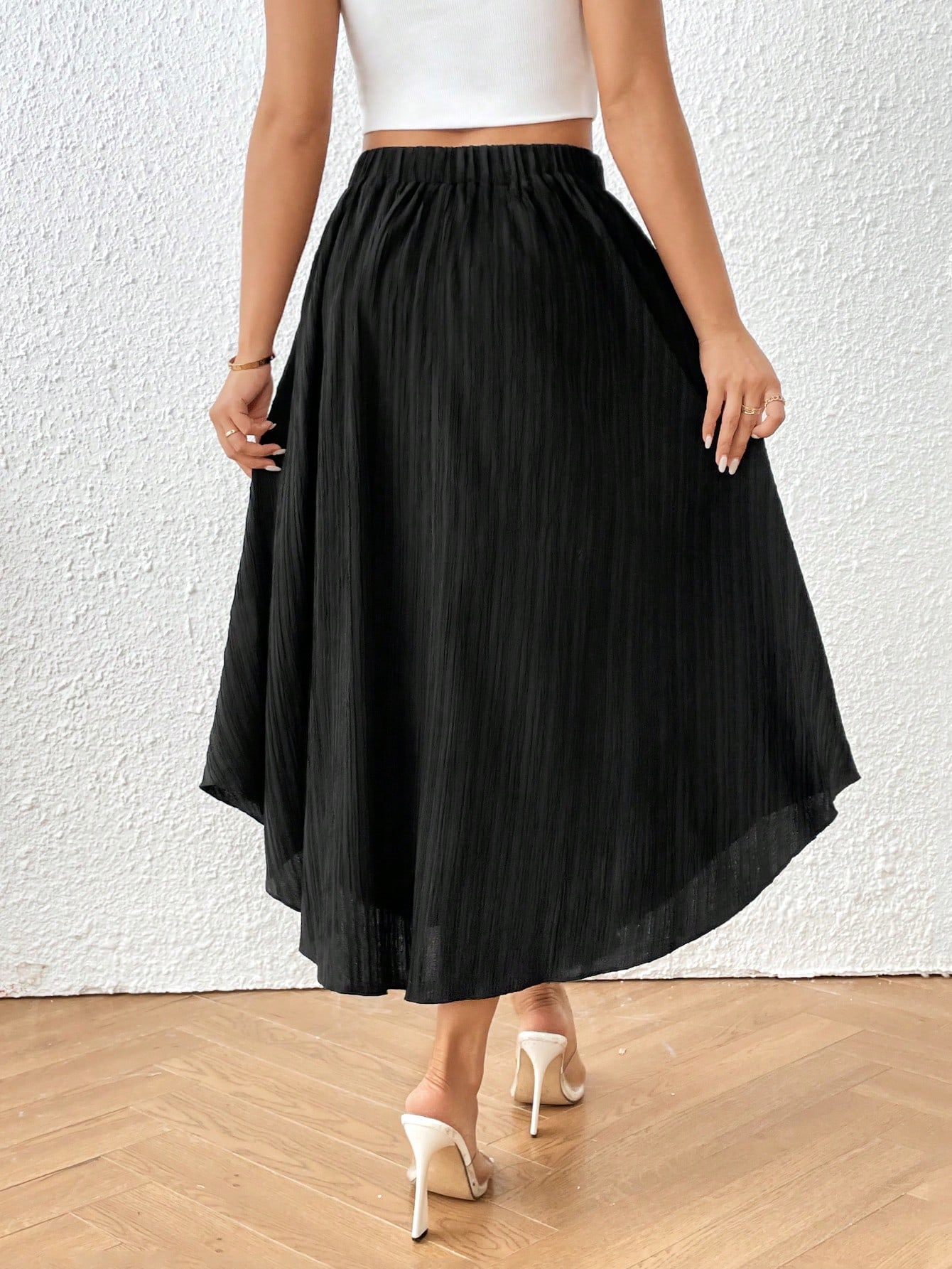 Solid Button Front Flare Hem Skirt