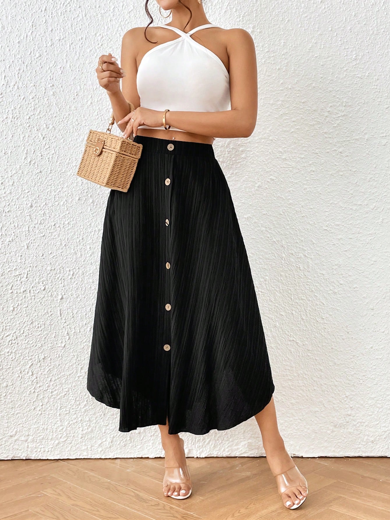 Solid Button Front Flare Hem Skirt