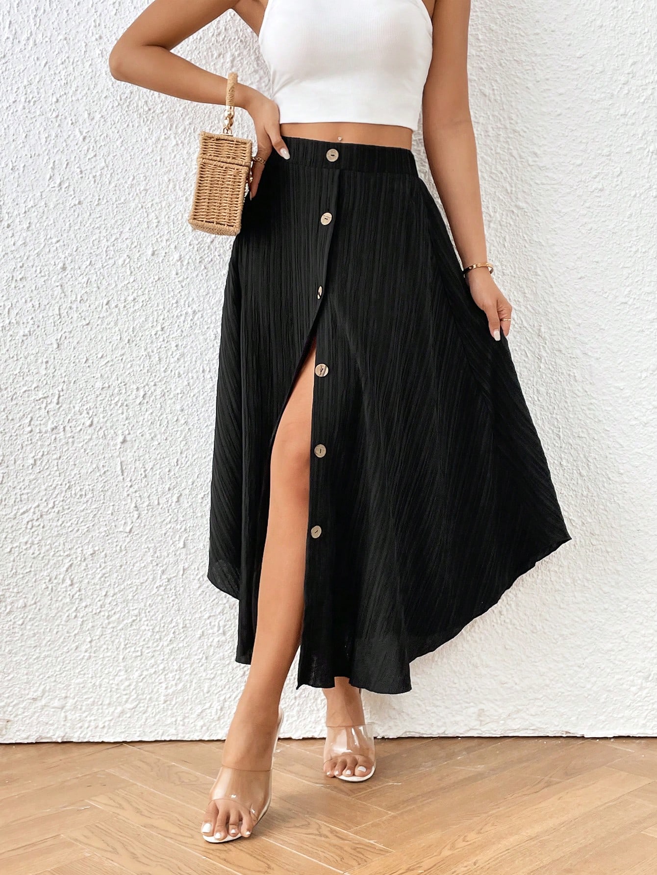 Solid Button Front Flare Hem Skirt