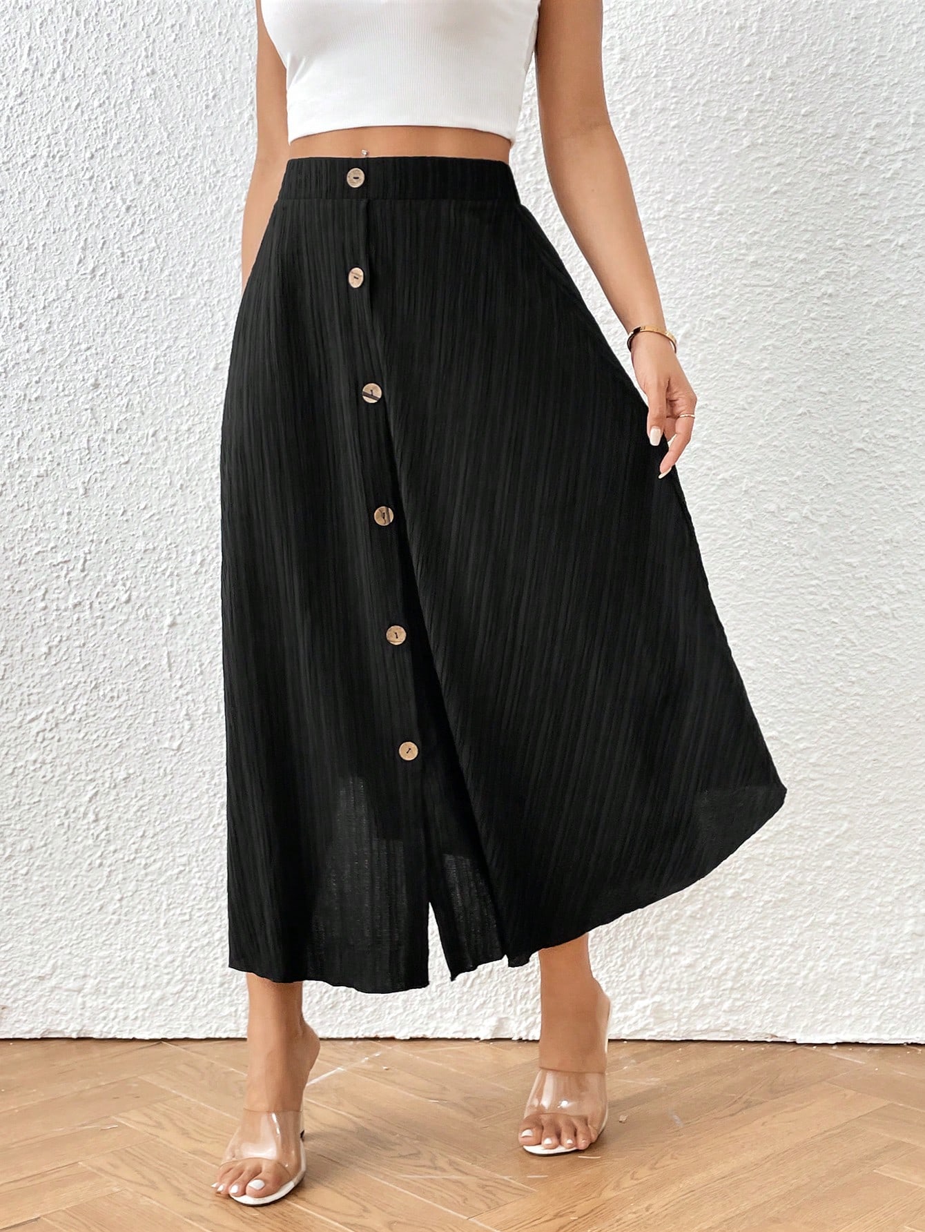 Solid Button Front Flare Hem Skirt