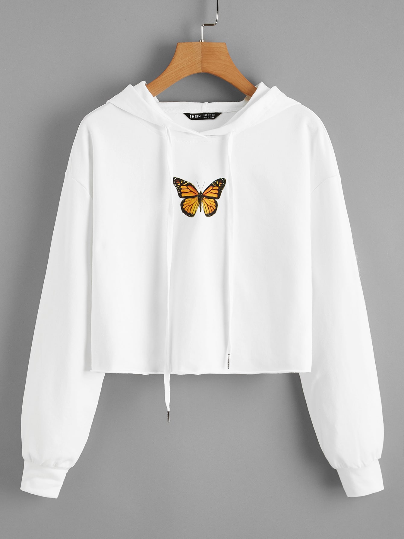 Drop Shoulder Drawstring Detail Butterfly Print Hoodie