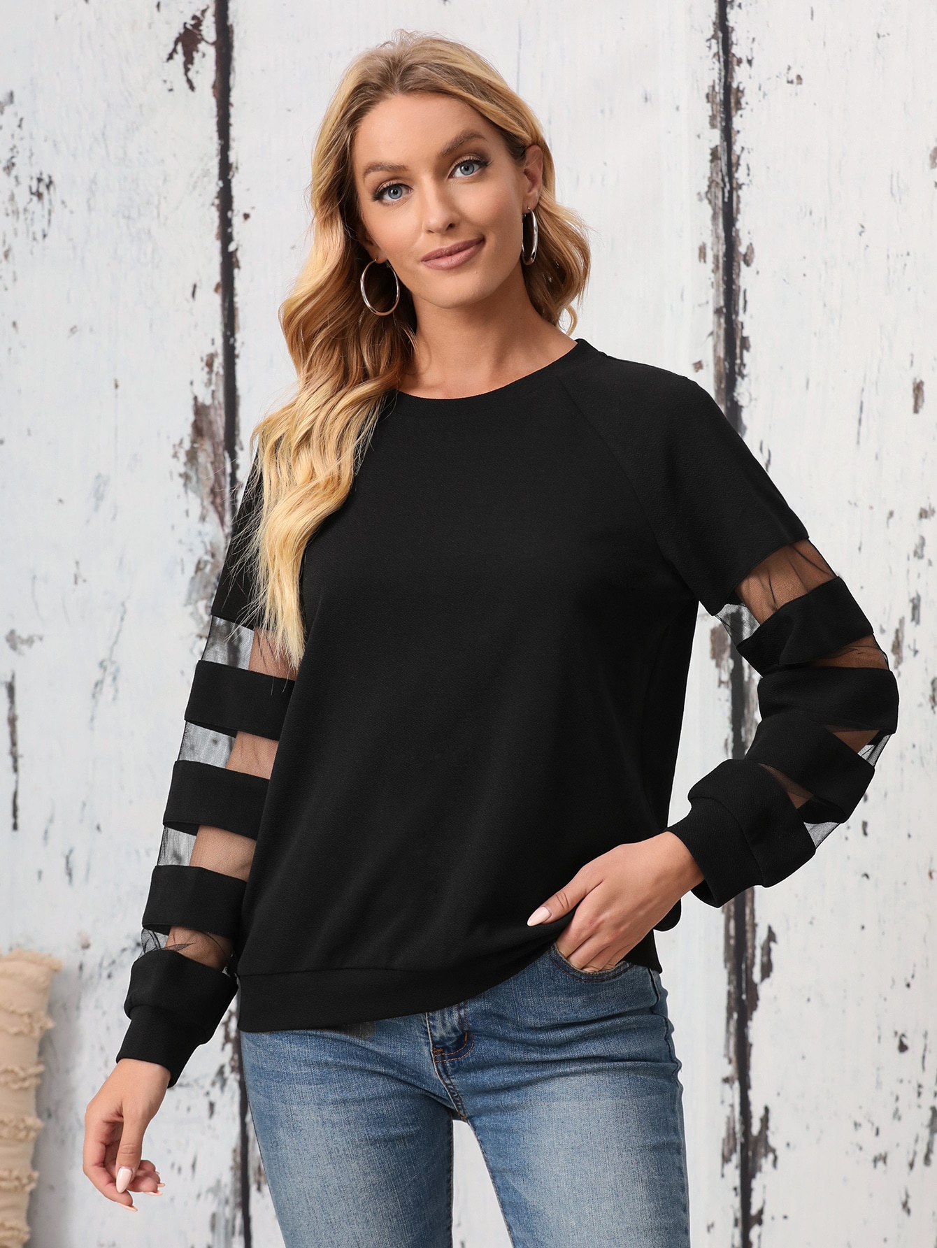 EMERY ROSE Sheer Mesh Insert Raglan Sleeve Pullover