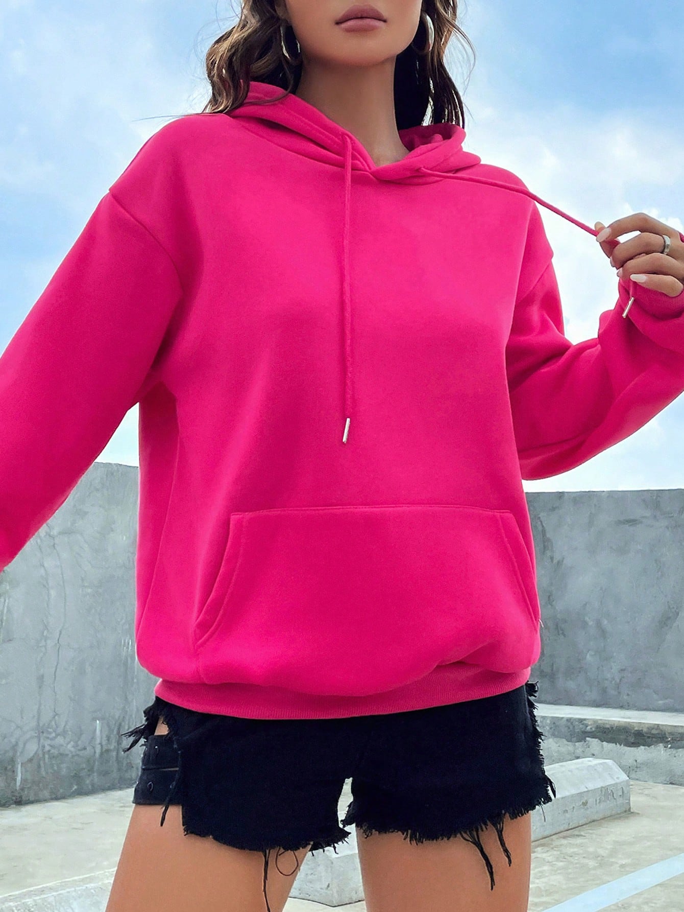 Kangaroo Pocket Drop Shoulder Drawstring Hoodie