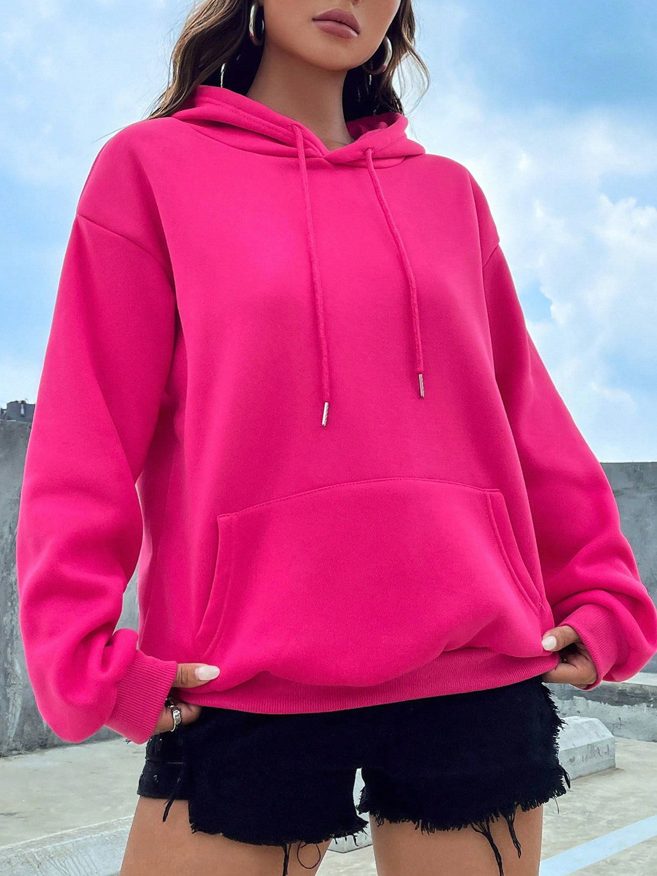 Kangaroo Pocket Drop Shoulder Drawstring Hoodie