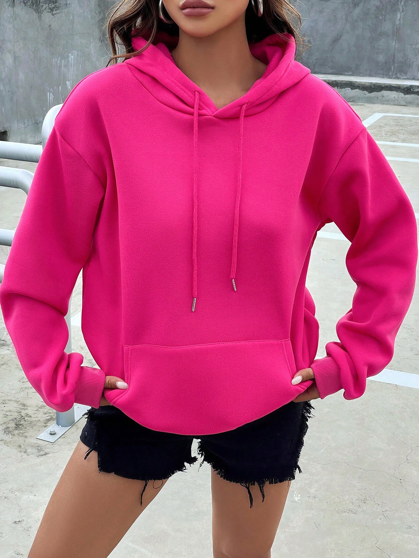 Kangaroo Pocket Drop Shoulder Drawstring Hoodie