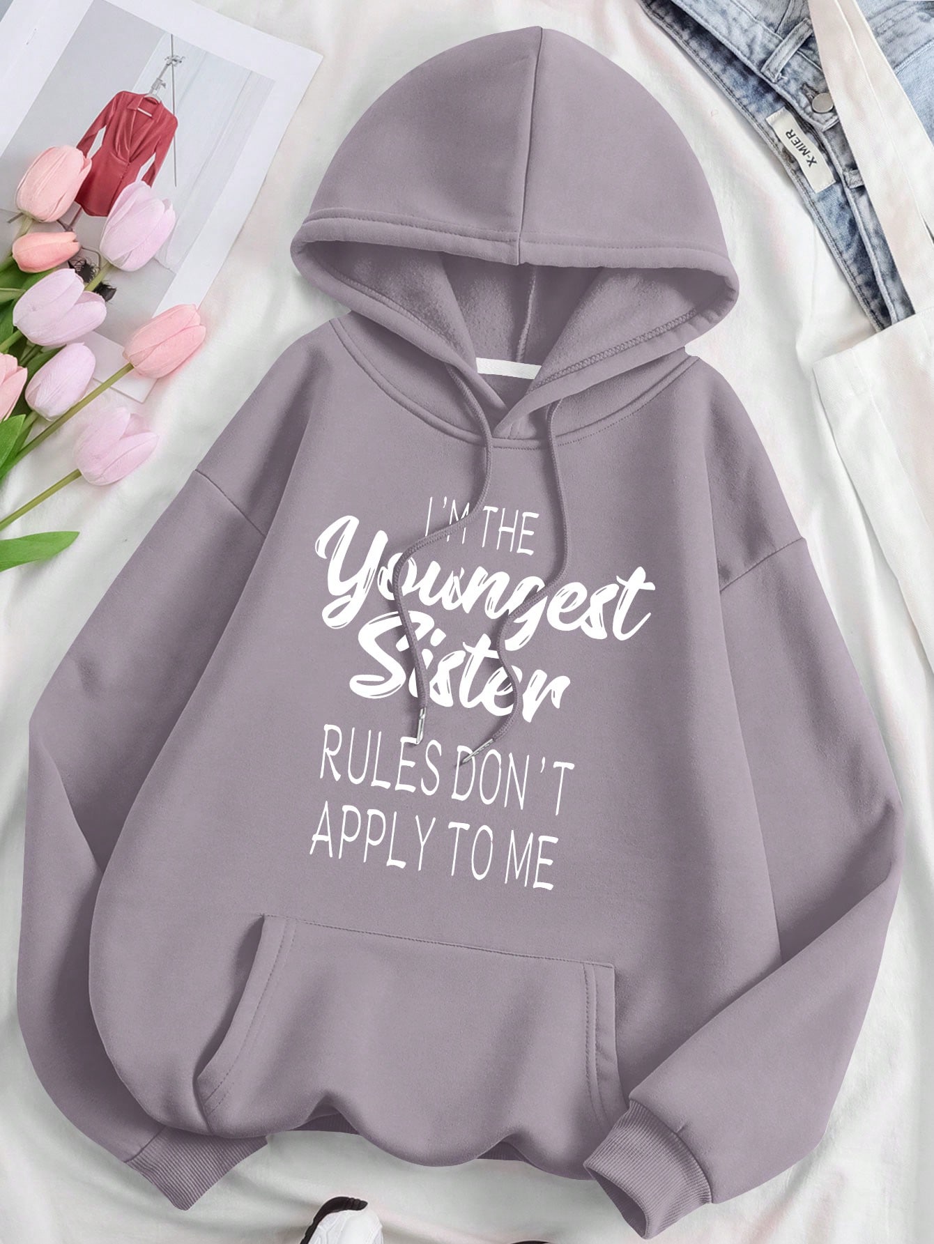 Slogan Printed Drawstring Hooded Fleece Sweatshirt