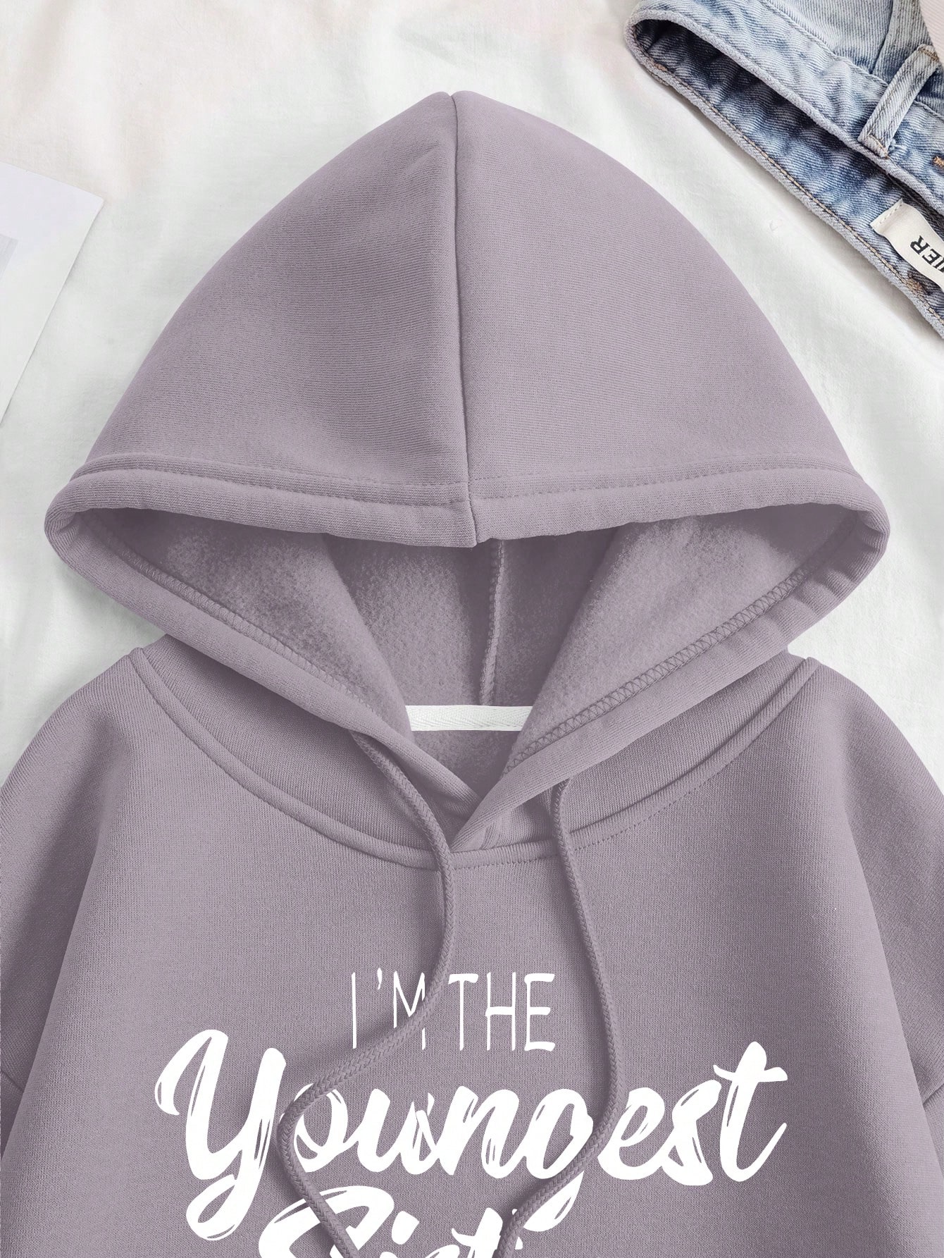 Slogan Printed Drawstring Hooded Fleece Sweatshirt