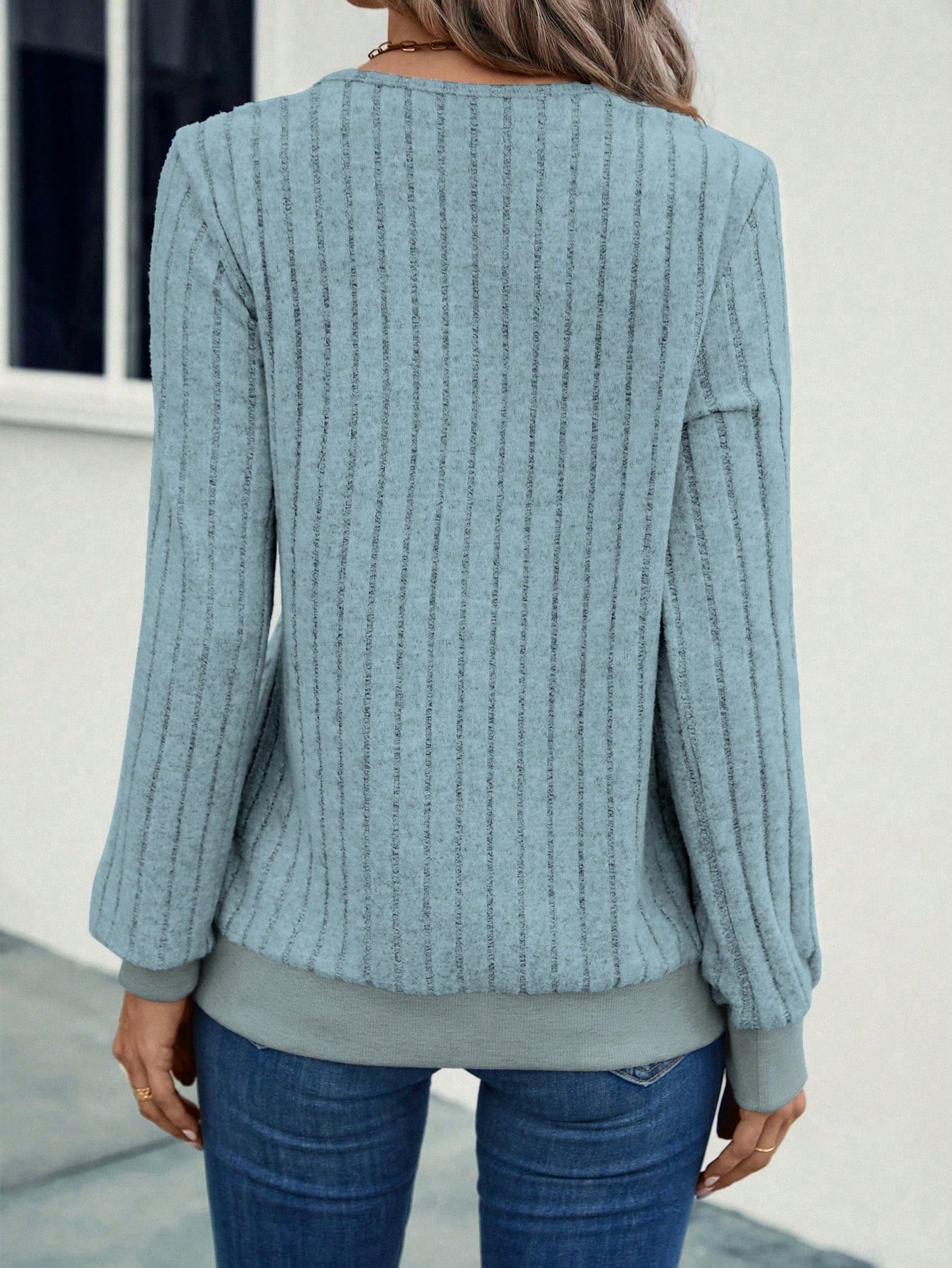 Solid V Neck Ribbed Knit Sweatshirt