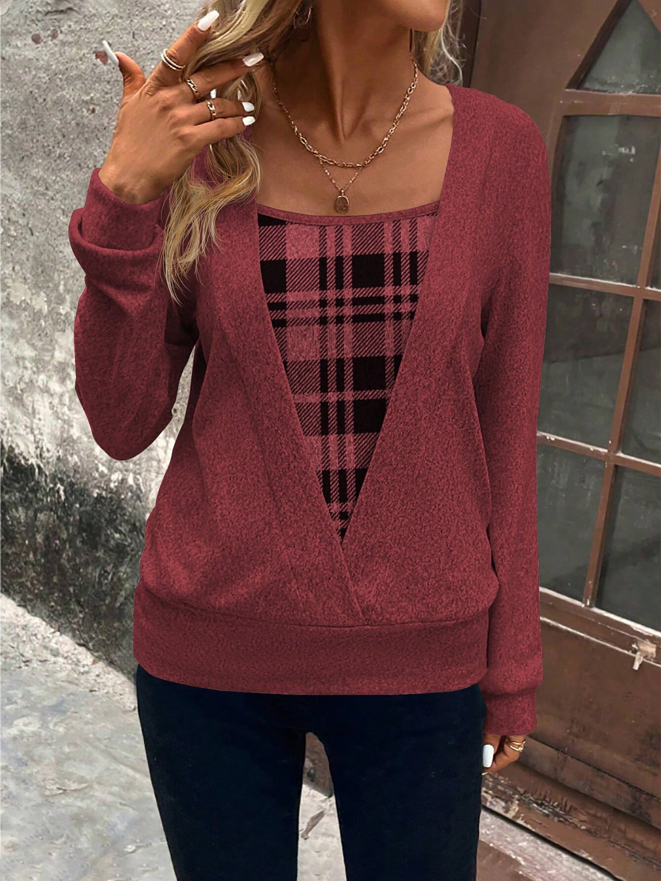 Plaid Print Open Front Sweatshirt