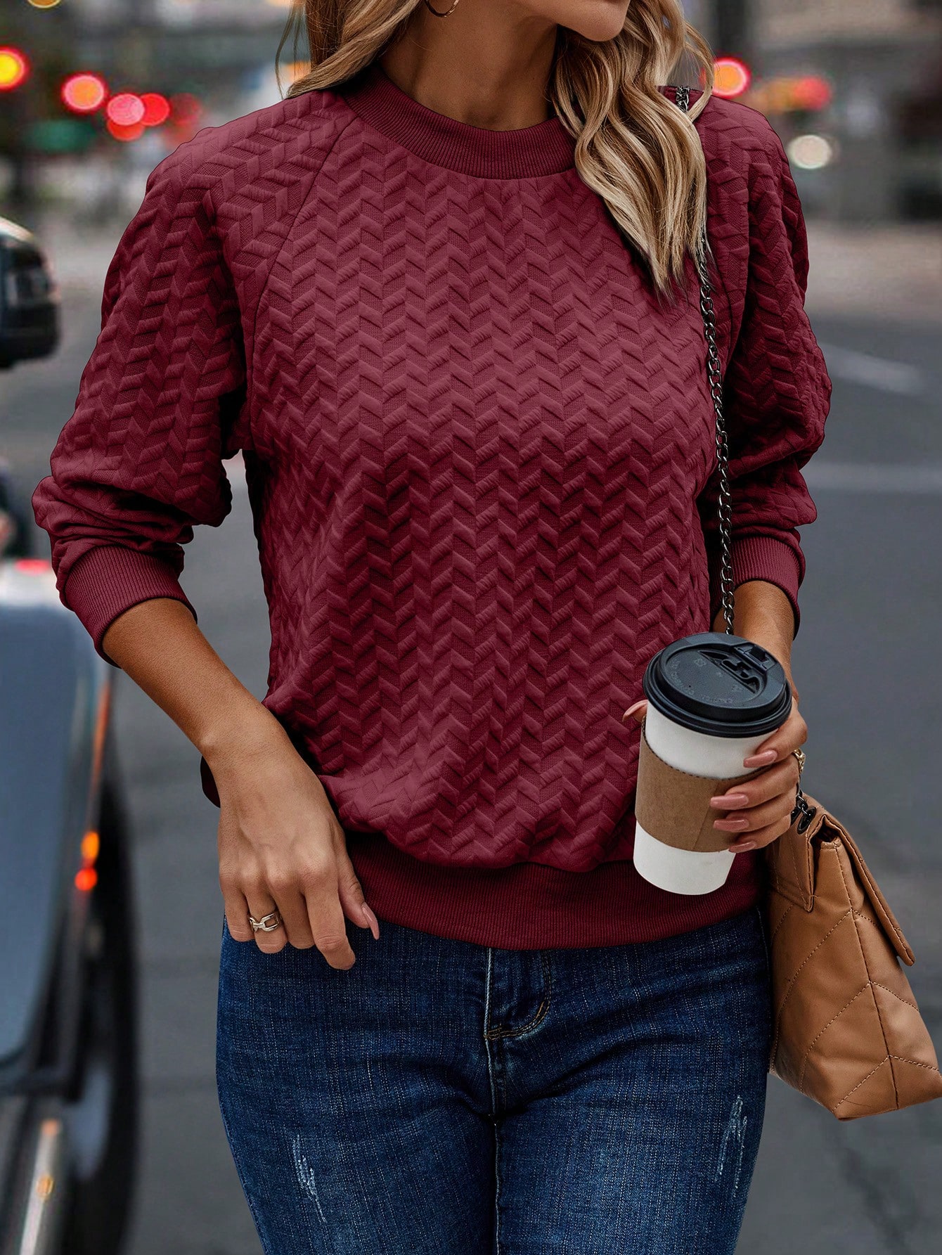 Solid Color Texture Drop Shoulder Sweatshirt