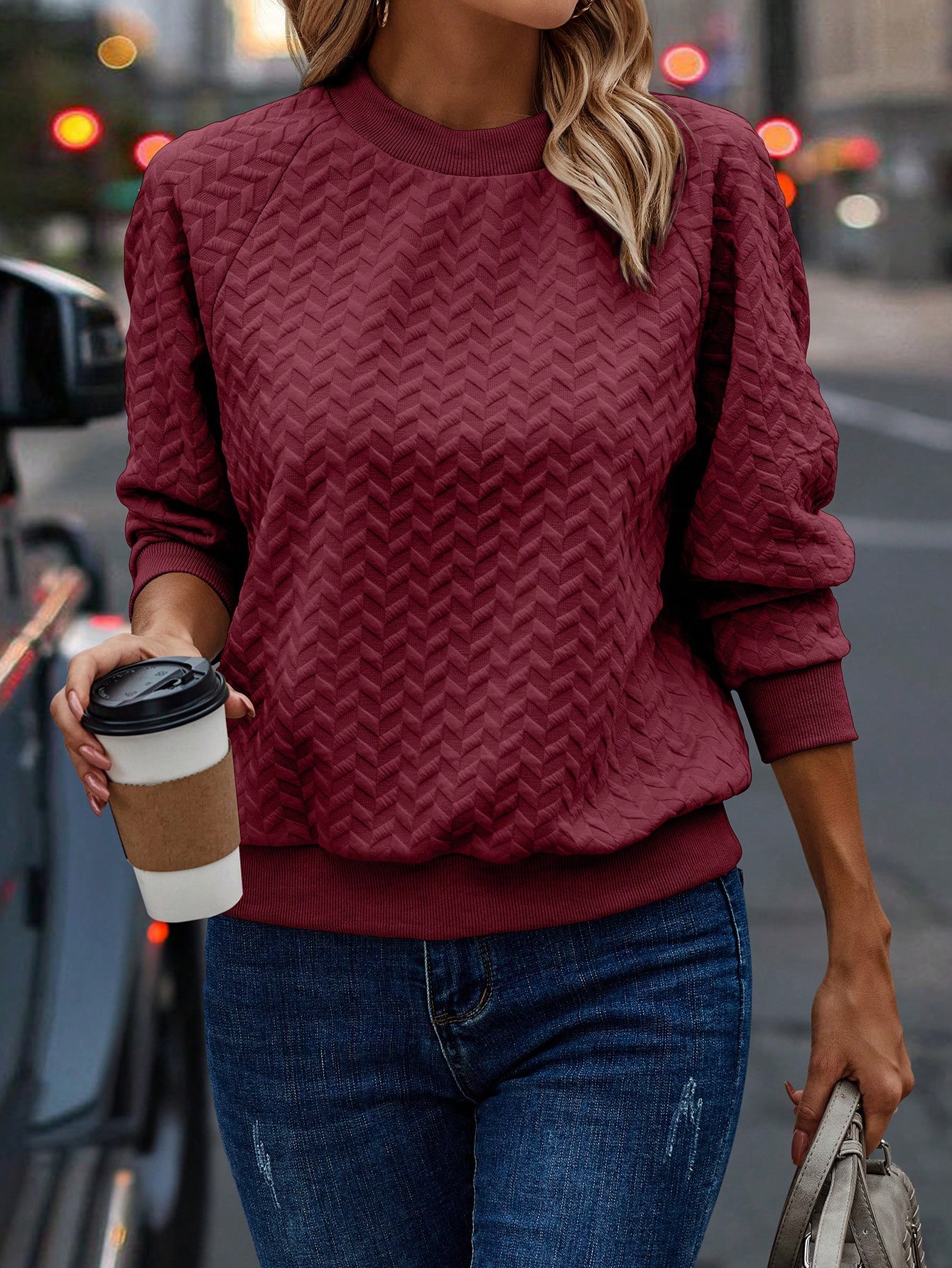 Solid Color Texture Drop Shoulder Sweatshirt