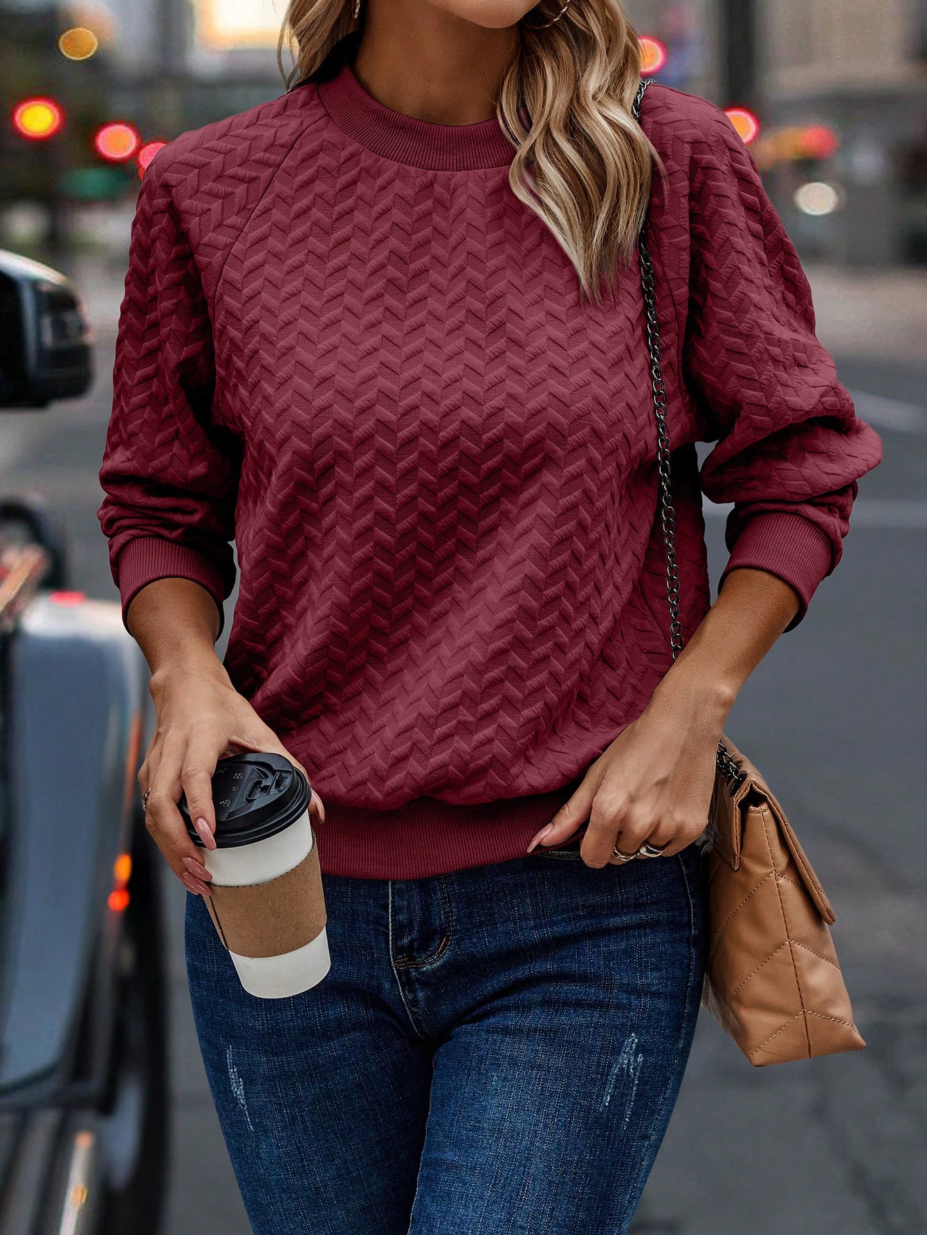 Solid Color Texture Drop Shoulder Sweatshirt