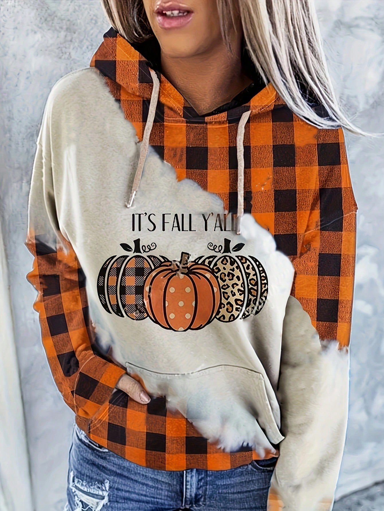 Pumpkin & Buffalo Plaid Print Drop Shoulder Drawstring Hoodie