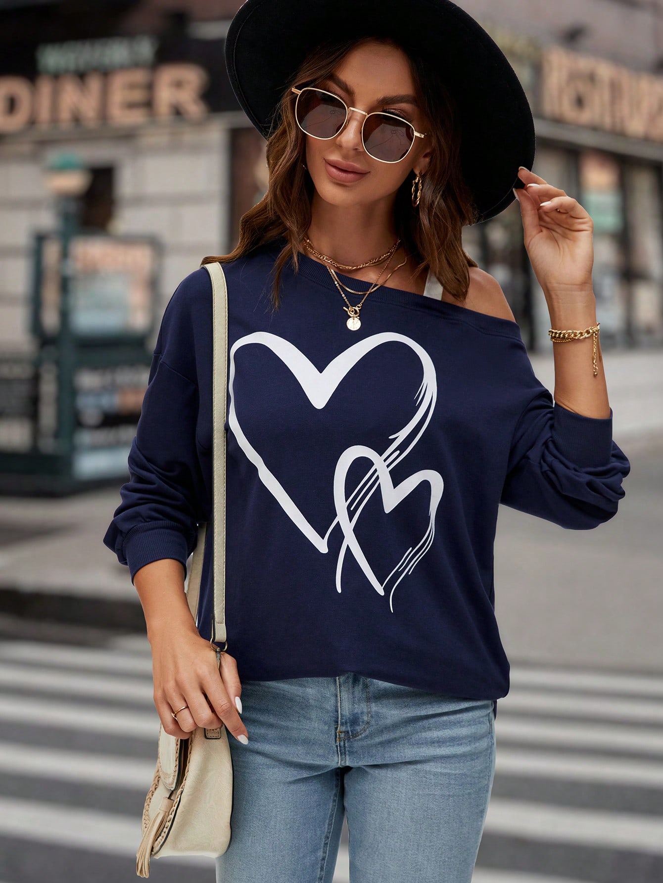 Heart Print Asymmetrical Neck Drop Shoulder Sweatshirt