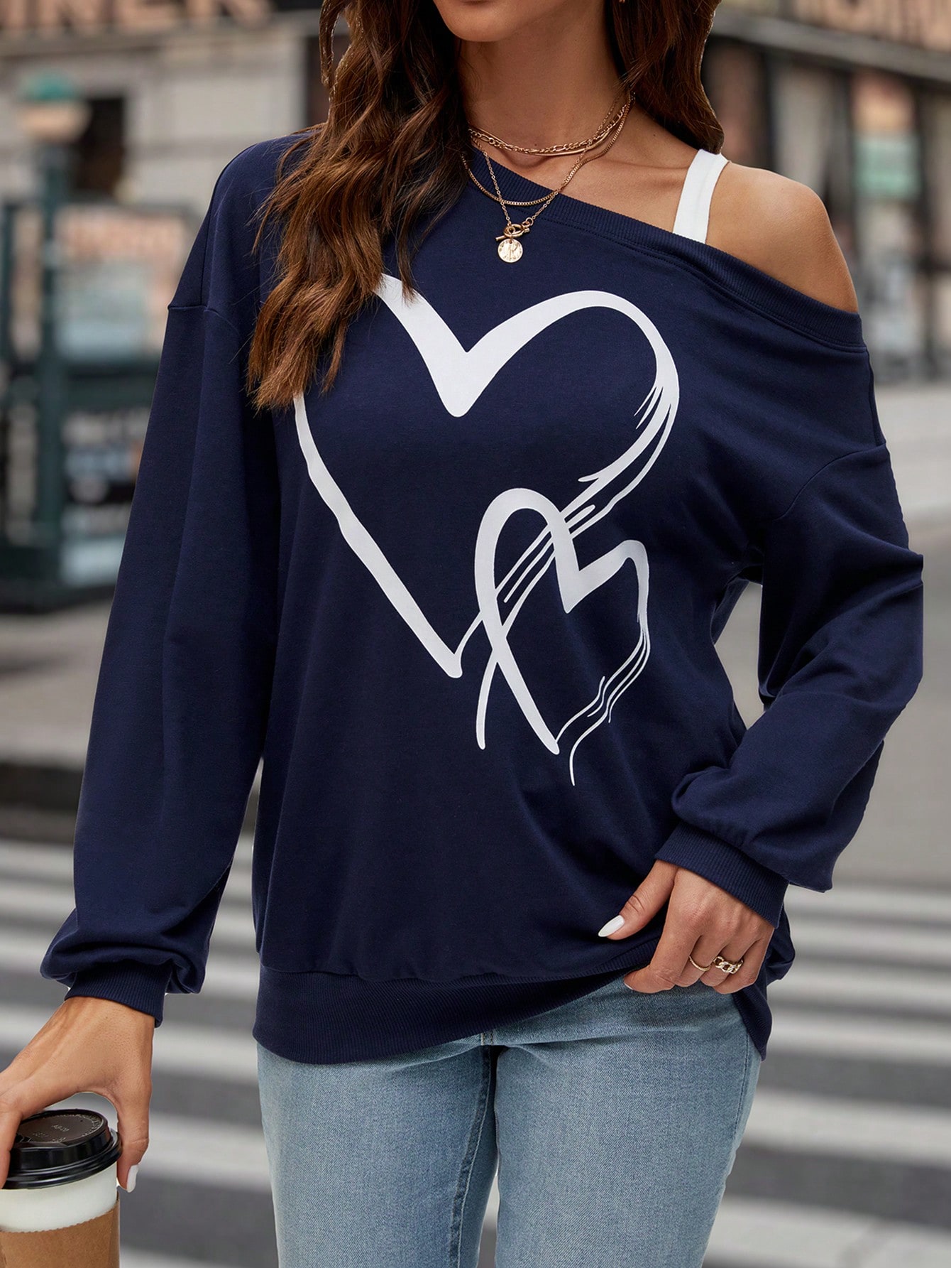 Heart Print Asymmetrical Neck Drop Shoulder Sweatshirt