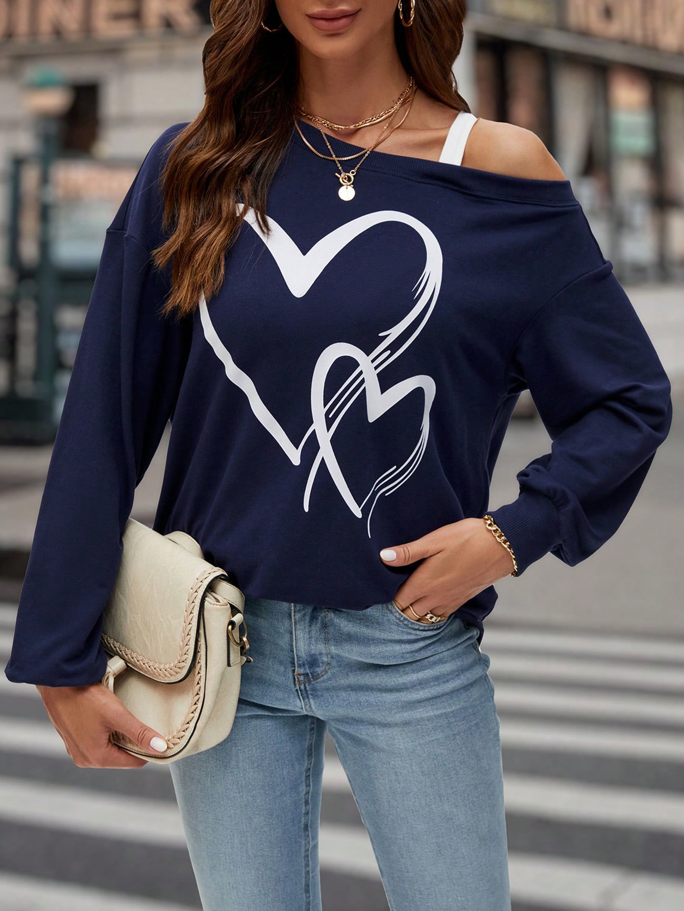 Heart Print Asymmetrical Neck Drop Shoulder Sweatshirt