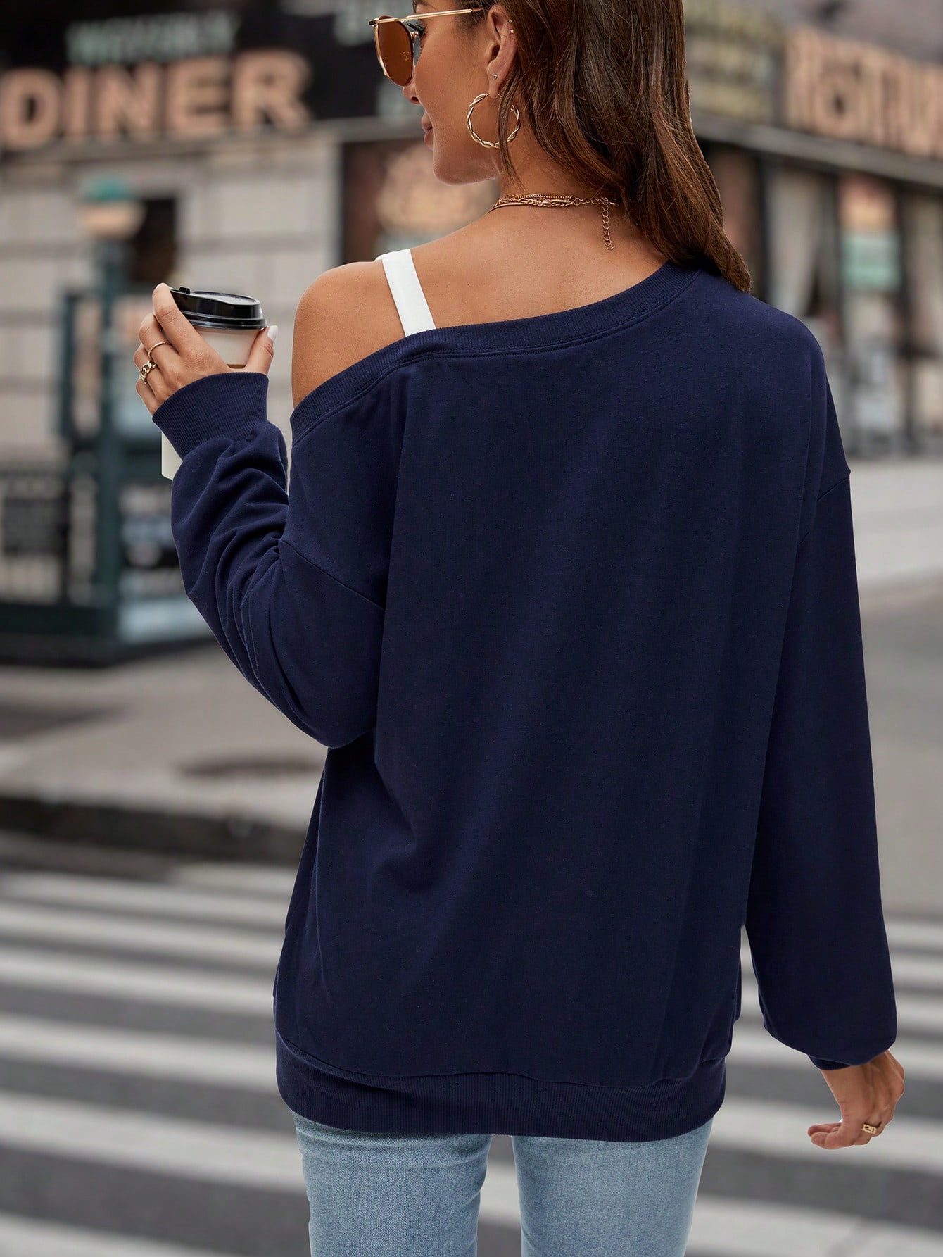 Heart Print Asymmetrical Neck Drop Shoulder Sweatshirt