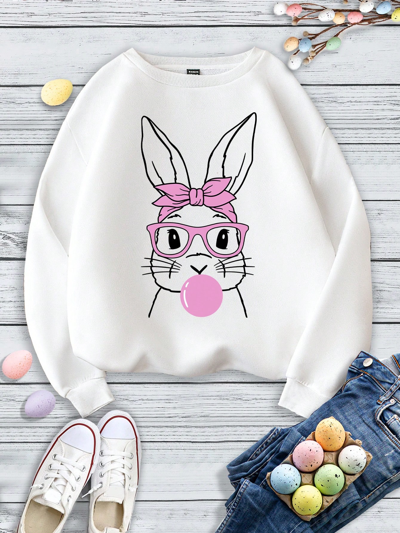 Casual Simple Easter Bunny Print Pattern Round Neck Long Sleeve Loose Women's Sweater