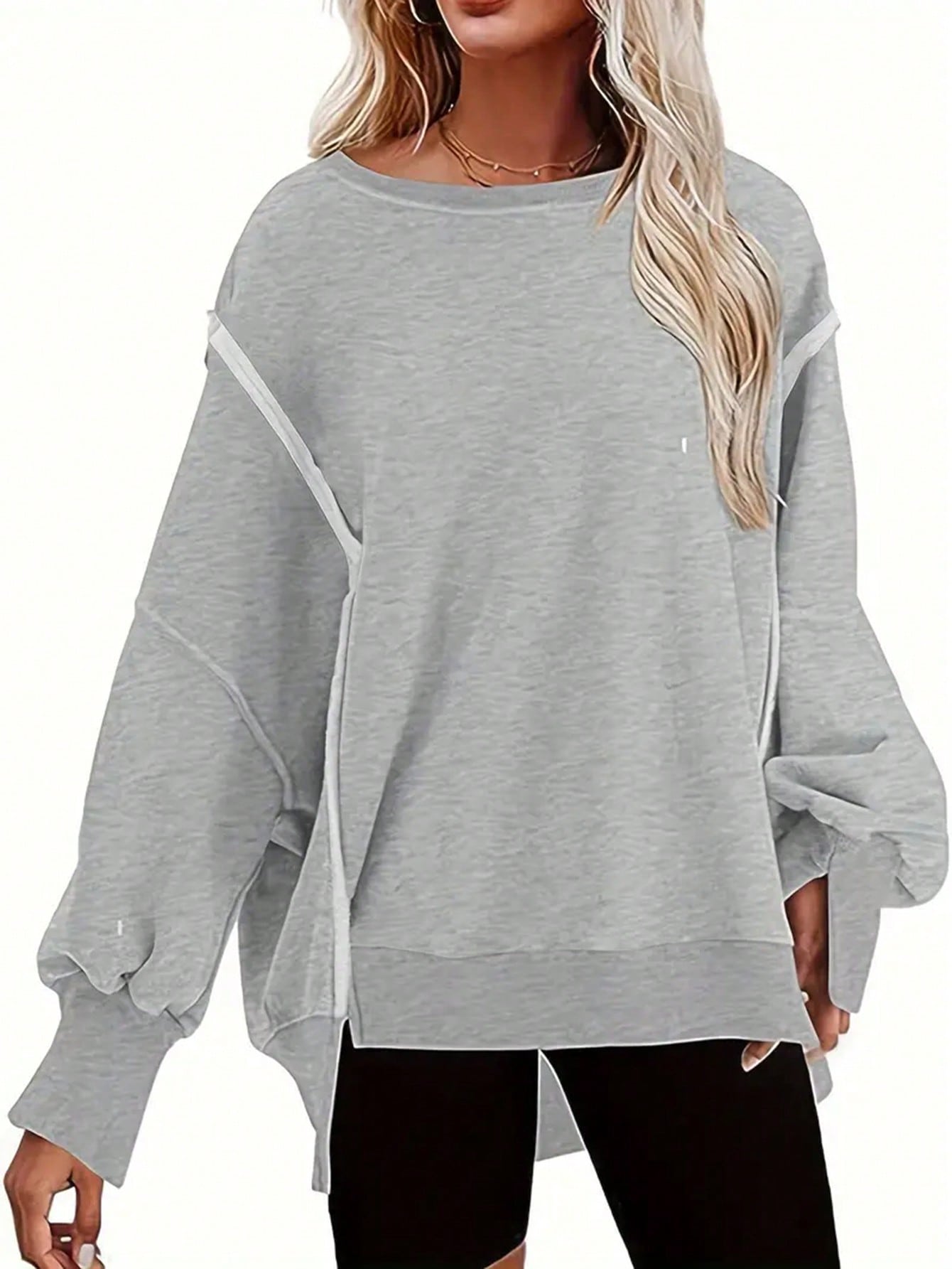 Women's Loose Fit Sweatshirt With Side Slit And Exposed Seams