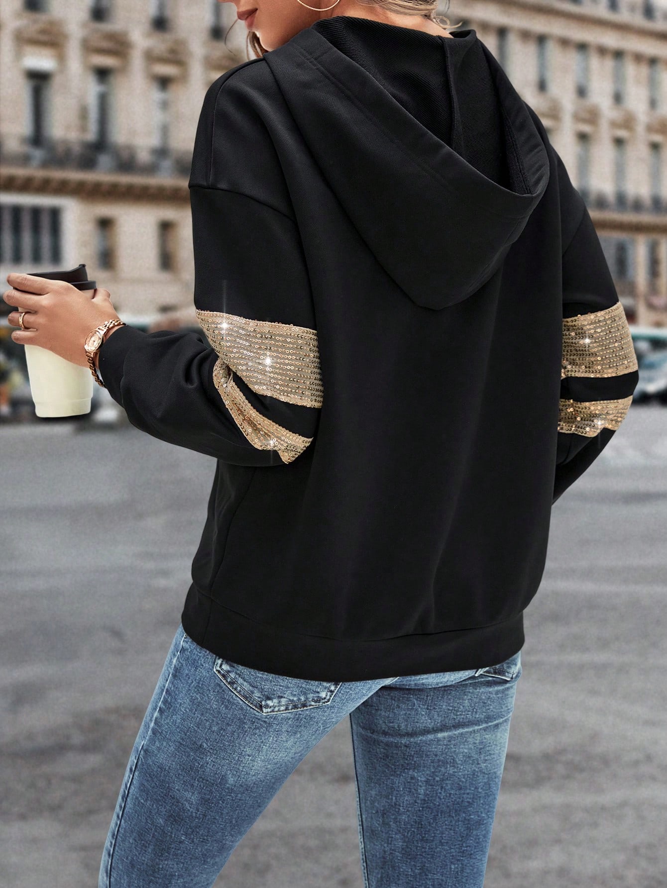 Contrast Sequin Patched Pocket Drop Shoulder Hooded Sweatshirt