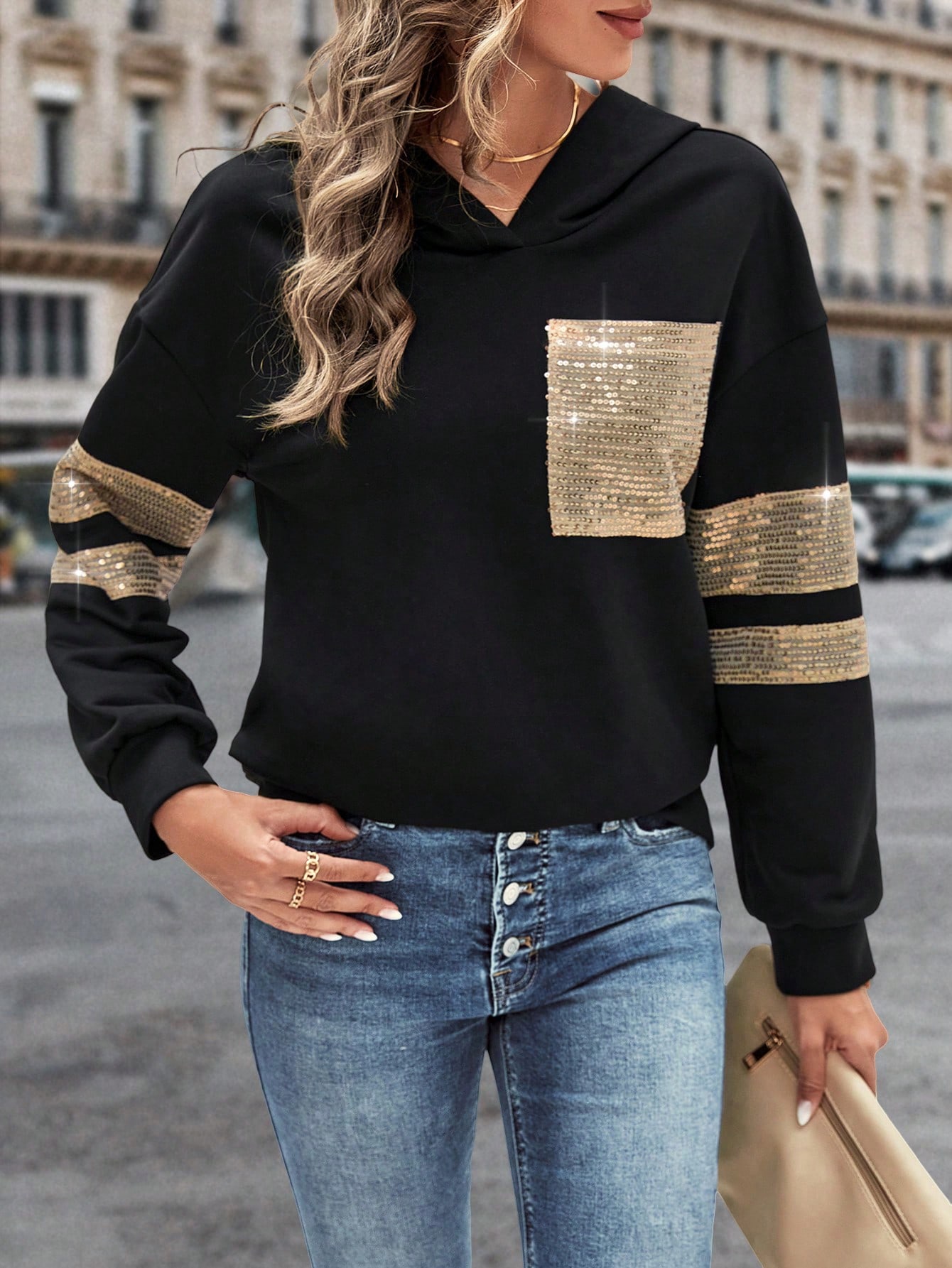 Contrast Sequin Patched Pocket Drop Shoulder Hooded Sweatshirt