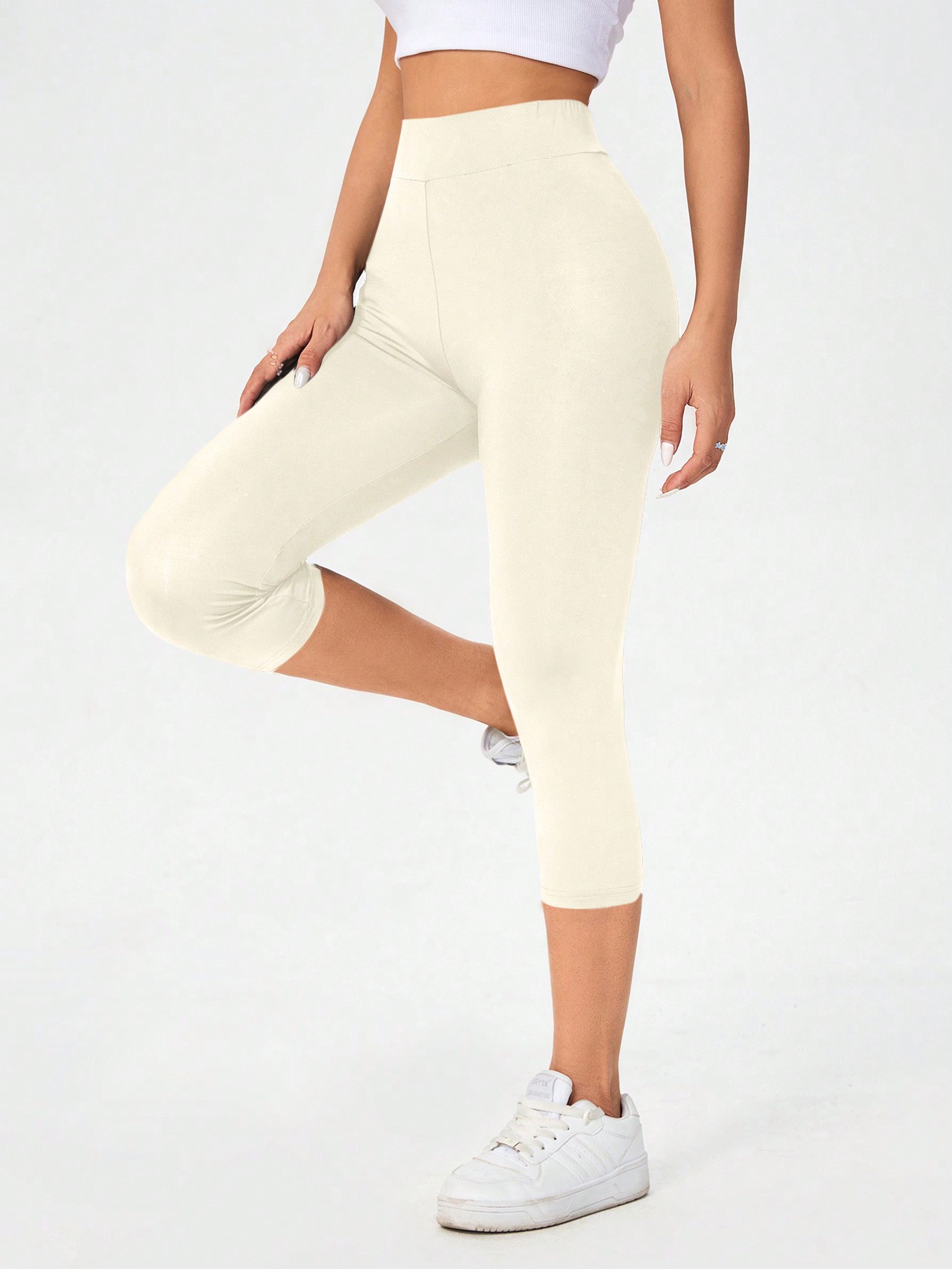 Apricot Casual Knit Skinny Women's Seven-Quarter Length Leggings For Summer