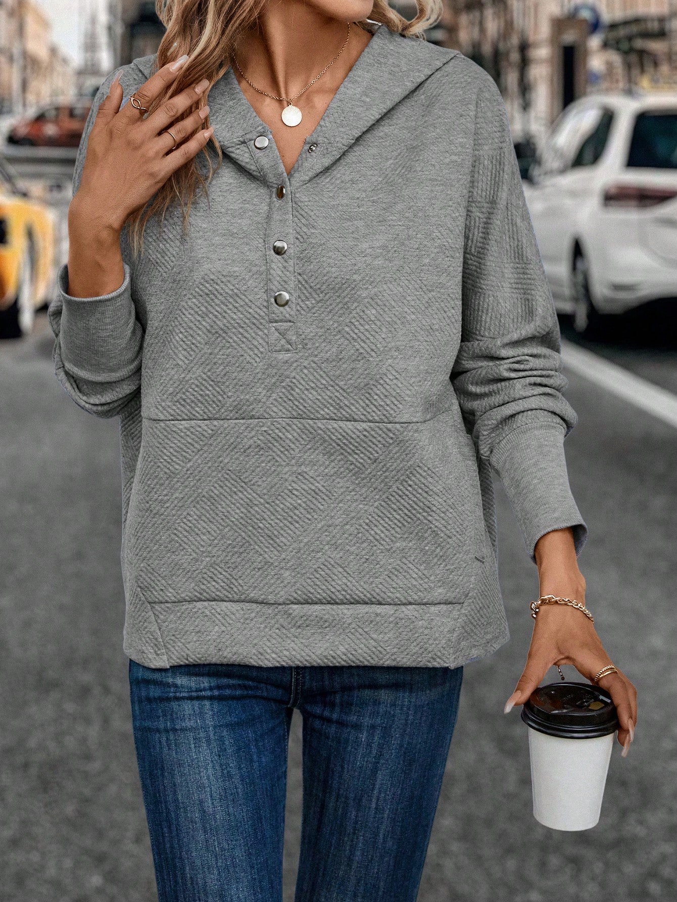 Half Button Batwing Sleeve Sweatshirt