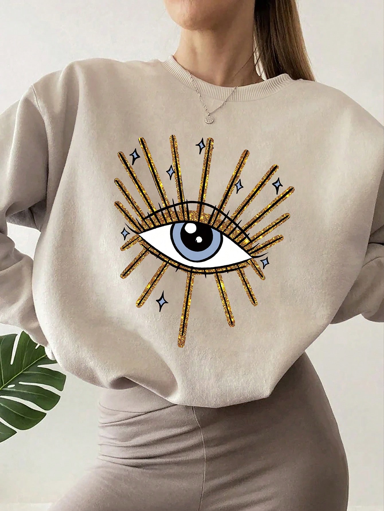 Eye Printed Round Neck Fleece Sweatshirt