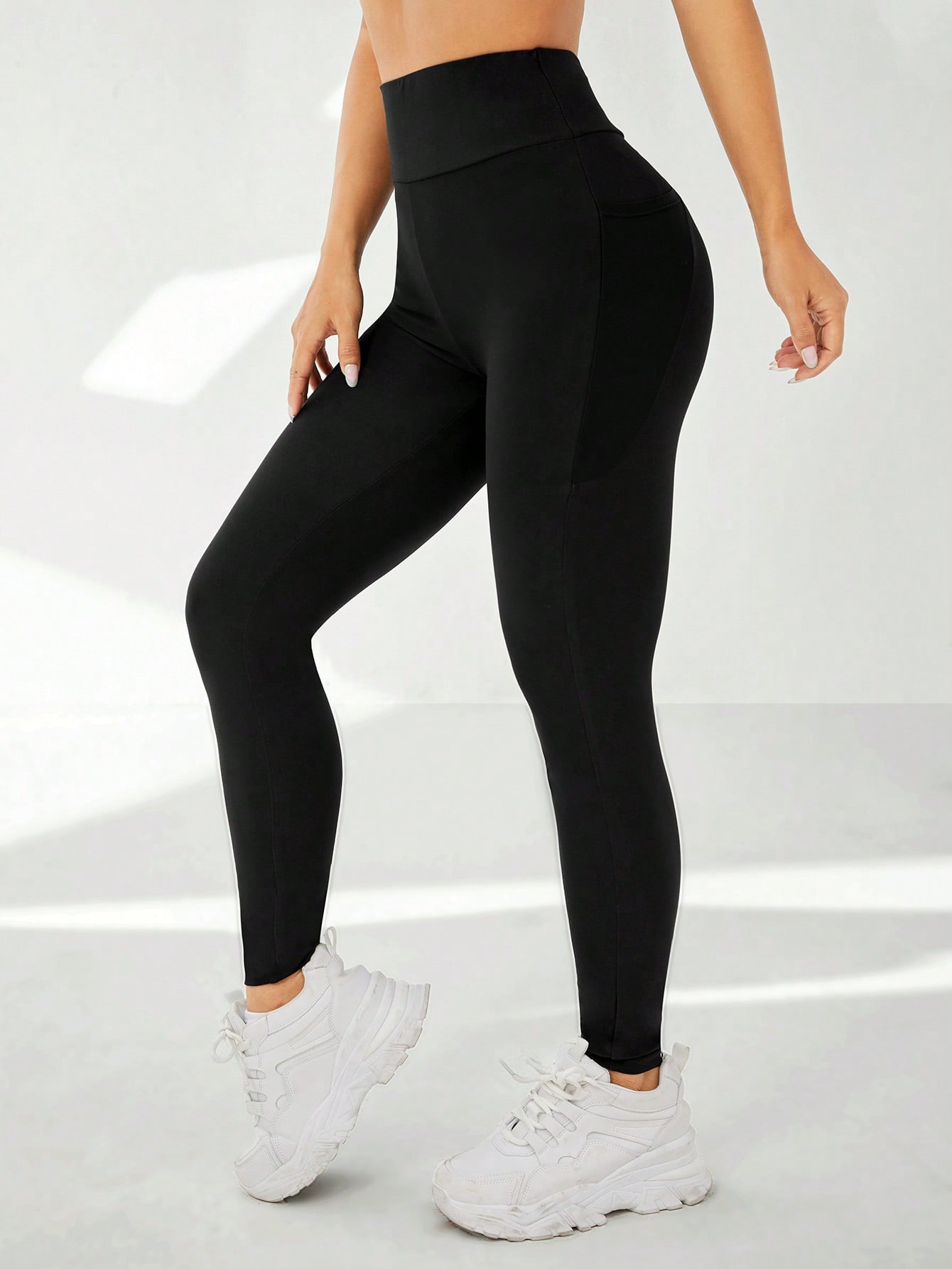 Summer Black Y2k Solid Wide Waistband Phone Pocket Side Leggings