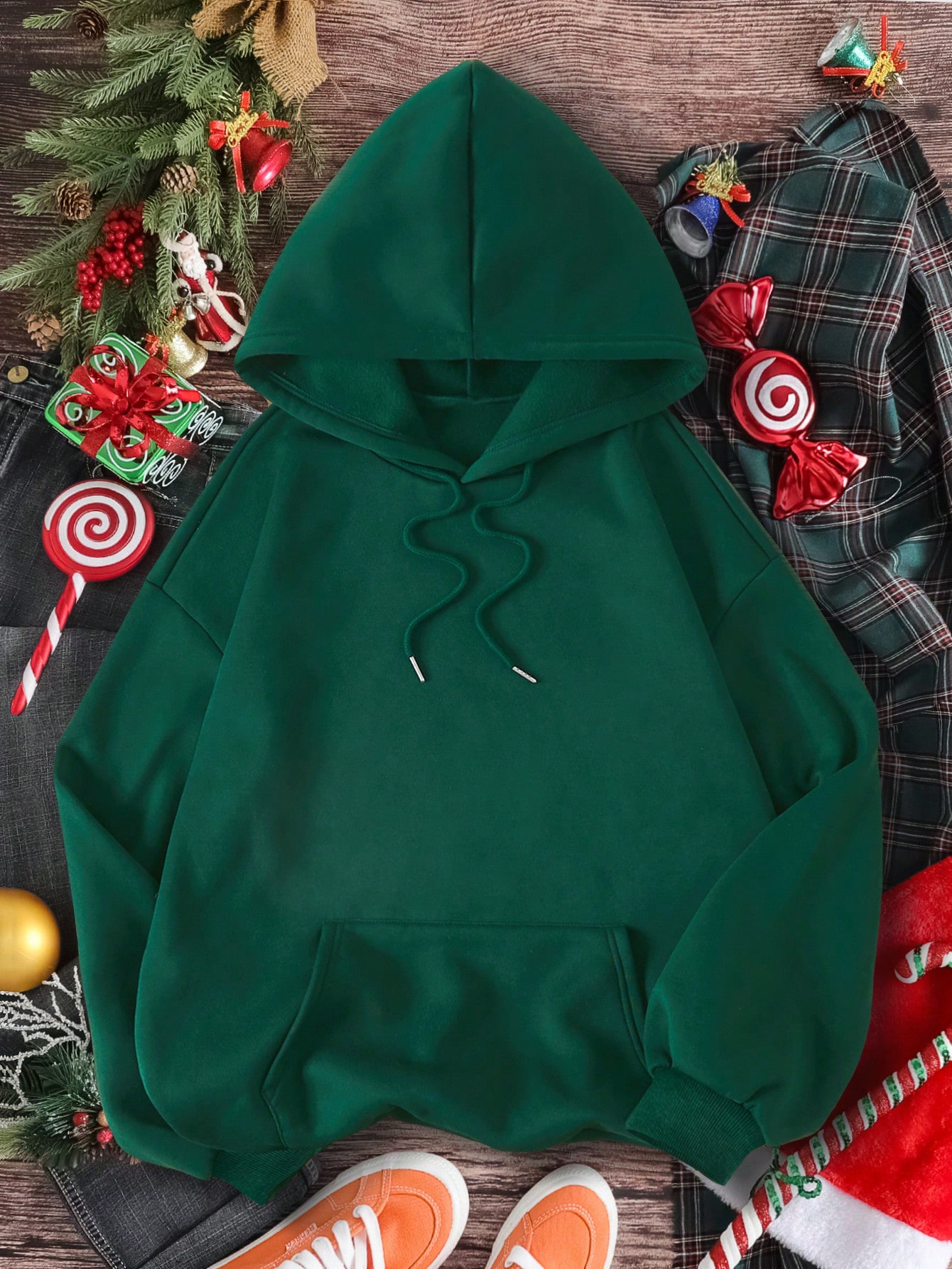 Christmas Print Kangaroo Pocket Drawstring Thermal Lined Hoodie