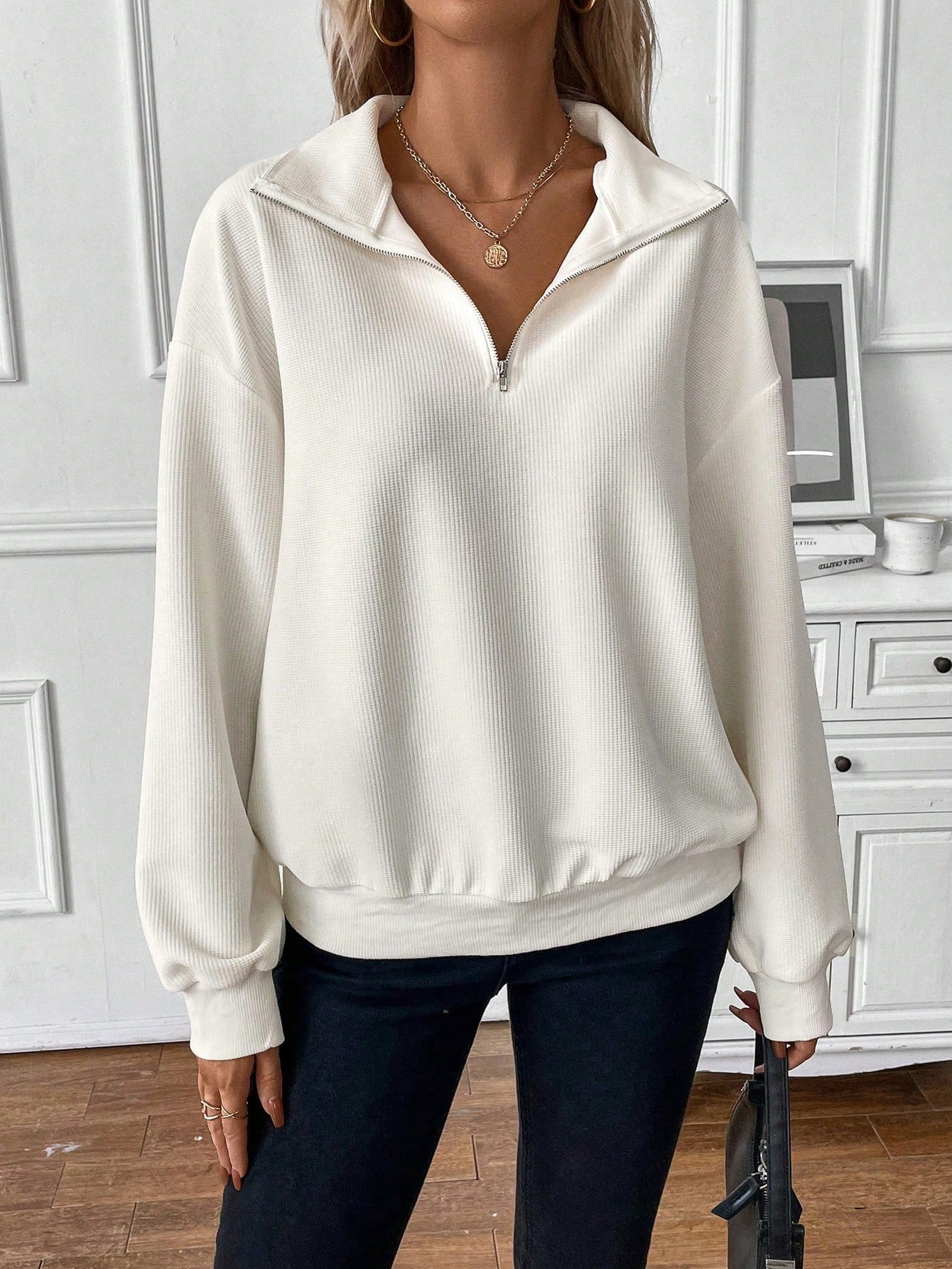 Classic White Waffle Pattern Women's Casual Sweatshirt With Lapel Collar