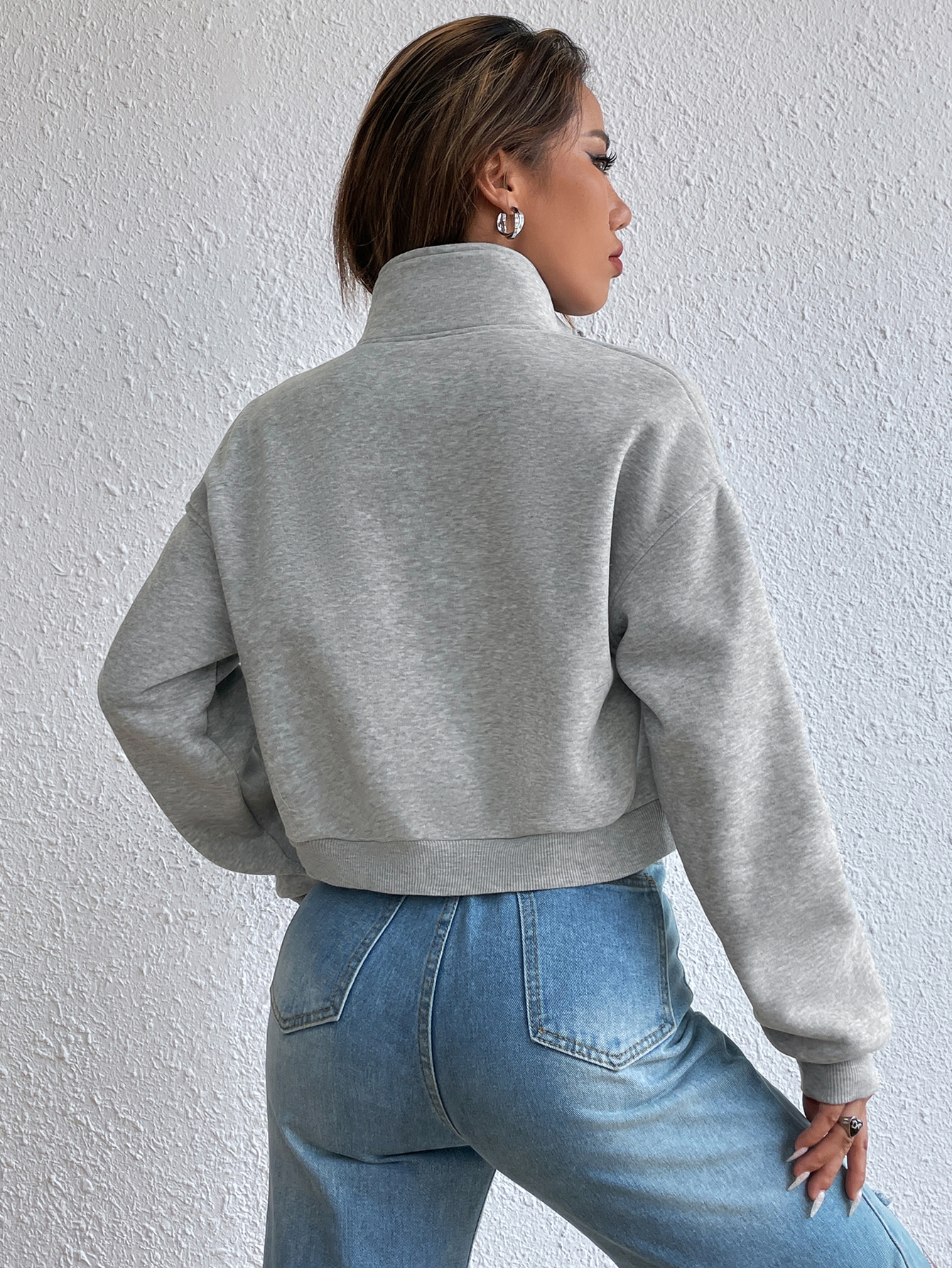 Solid Zip Up Drop Shoulder Sweatshirt