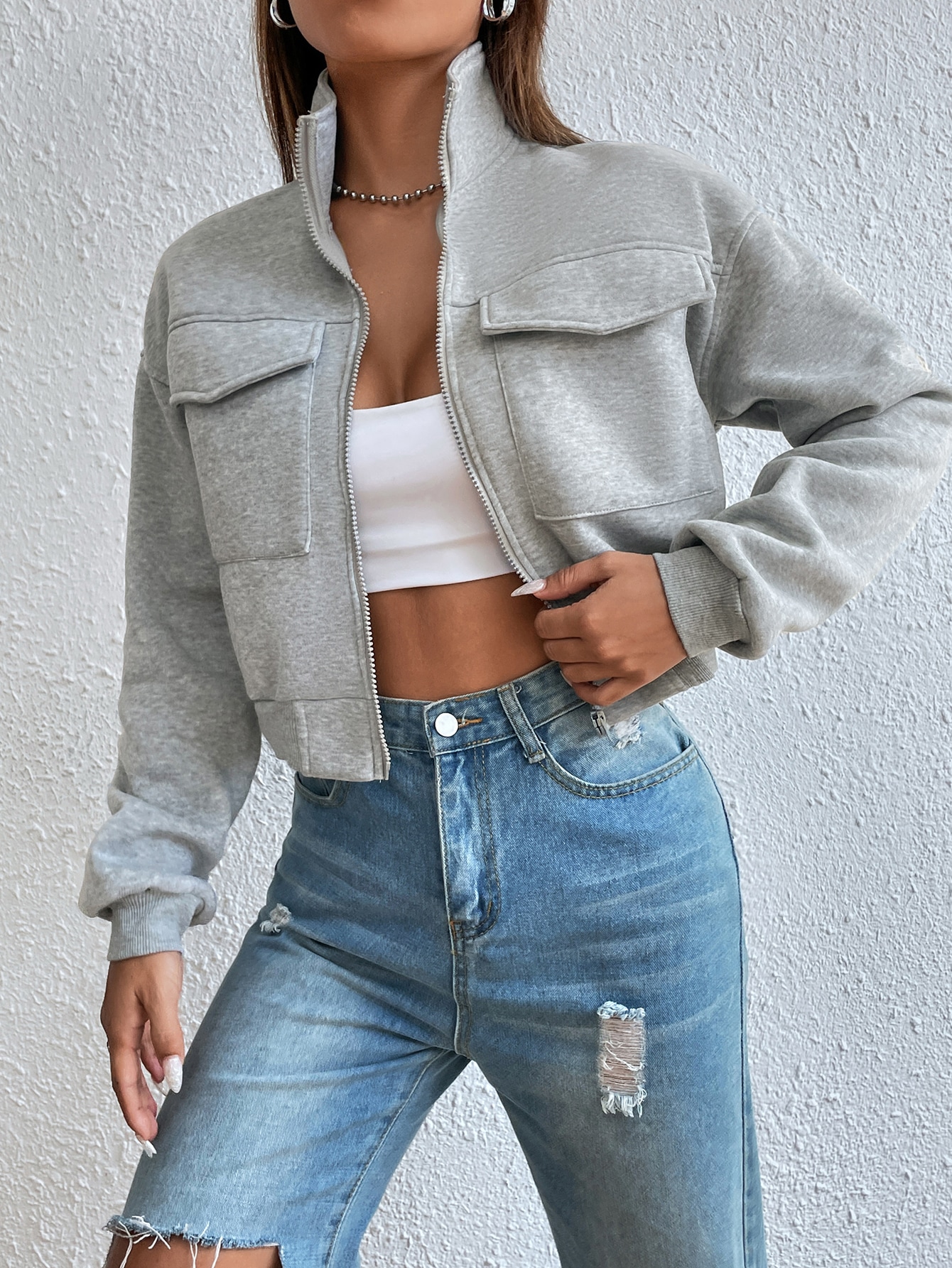 Solid Zip Up Drop Shoulder Sweatshirt