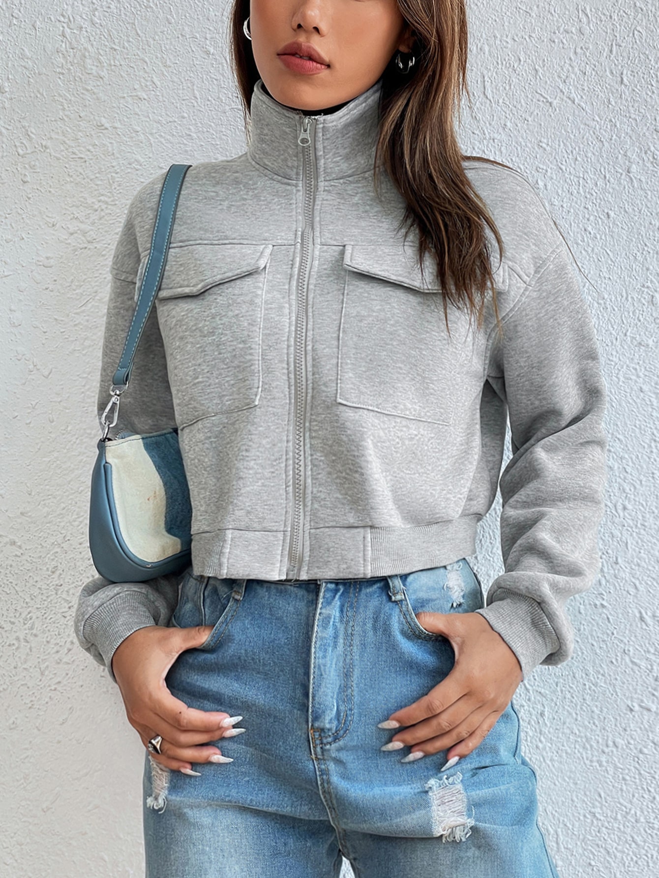 Solid Zip Up Drop Shoulder Sweatshirt