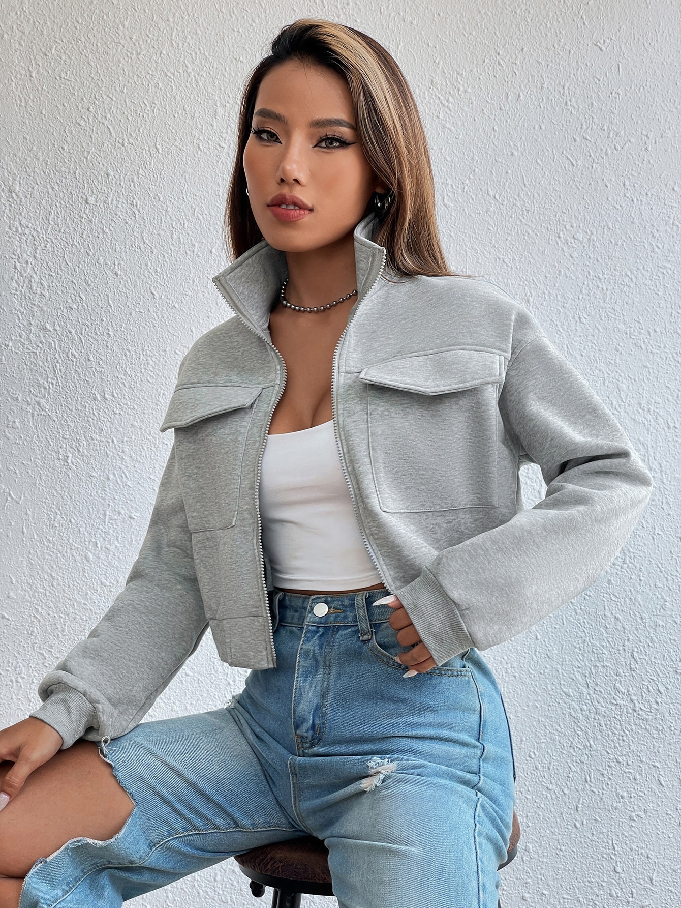 Solid Zip Up Drop Shoulder Sweatshirt