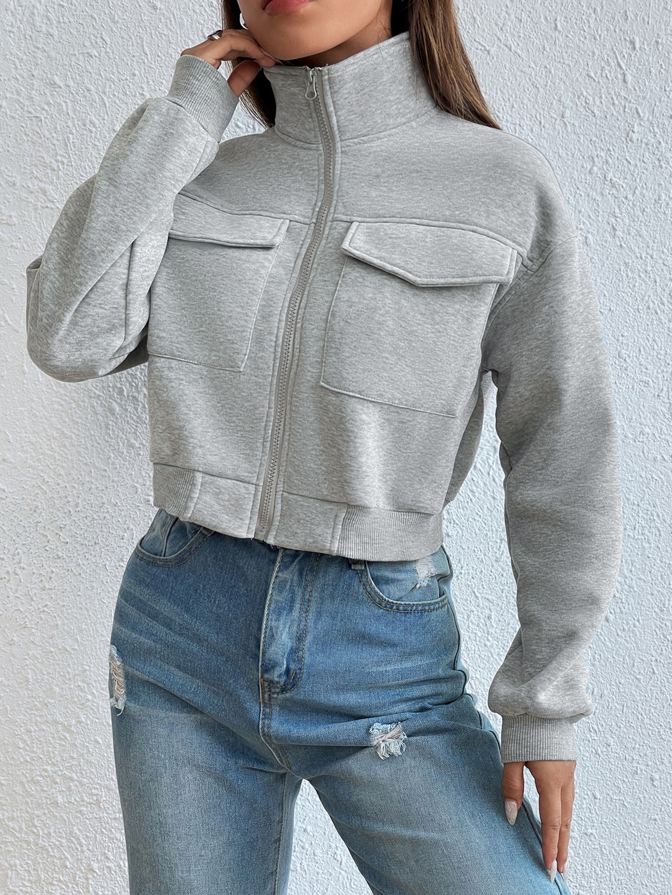 Solid Zip Up Drop Shoulder Sweatshirt