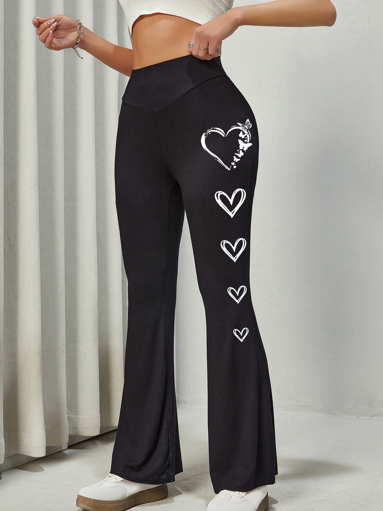 Casual Long Heart Print Fitted Flared Women's Leggings