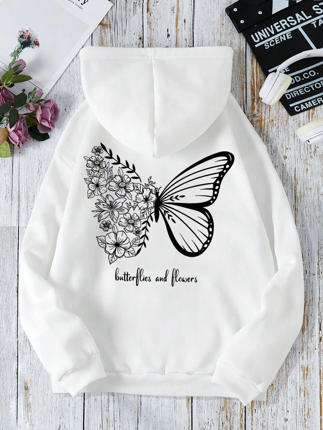 Butterfly & Slogan Graphic Thermal Lined Kangaroo Pocket Drawstring Hoodie