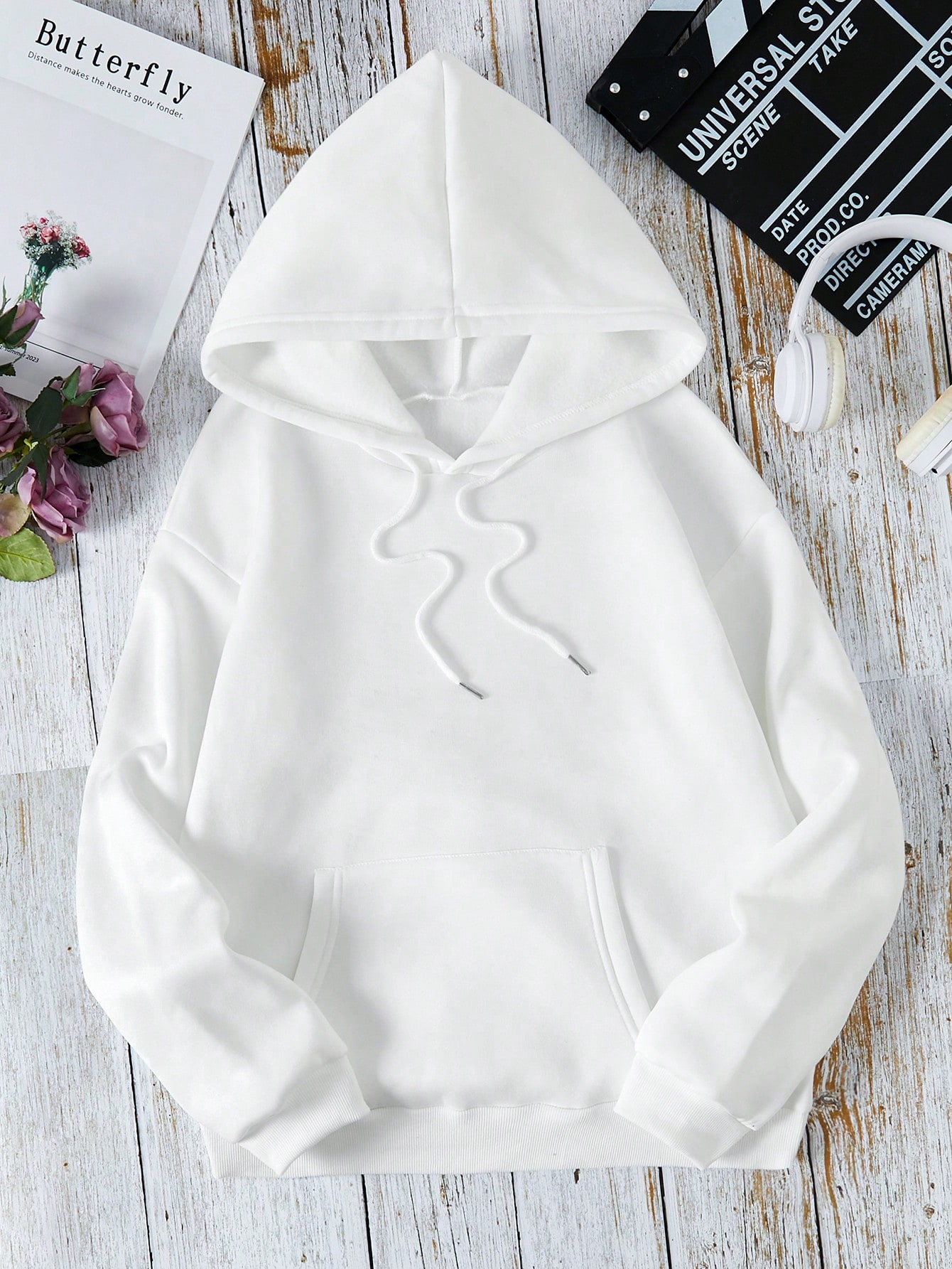 Butterfly & Slogan Graphic Thermal Lined Kangaroo Pocket Drawstring Hoodie